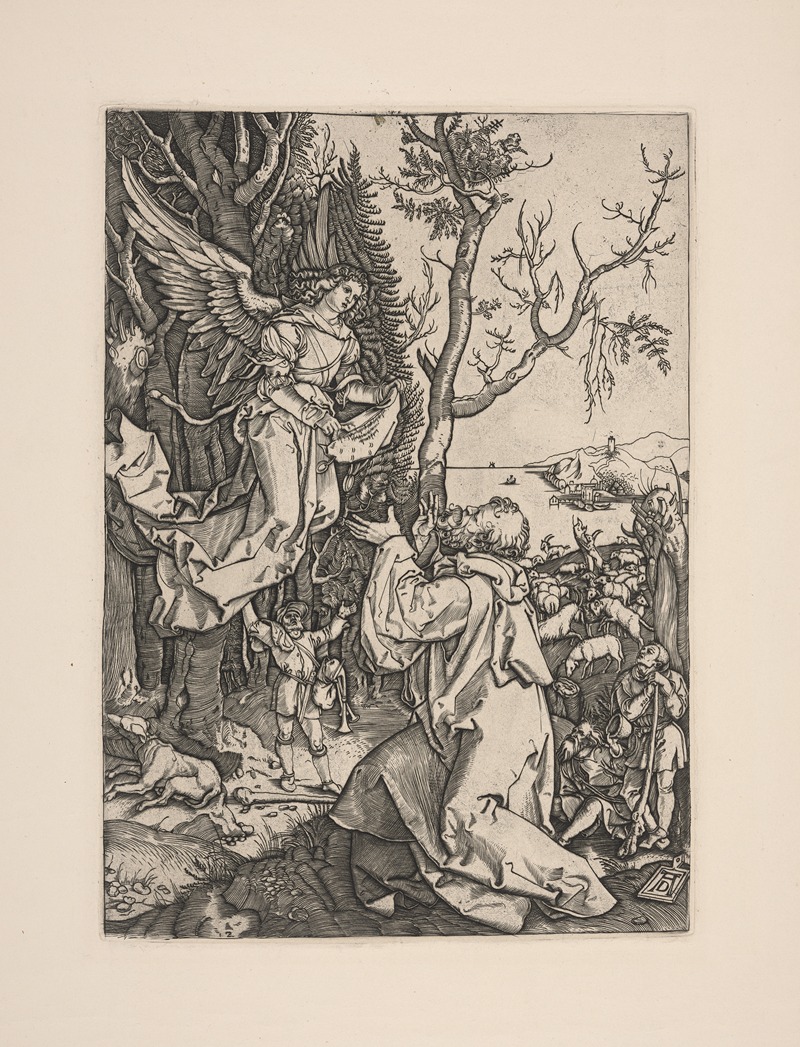 The Angel Appearing to Joachim by Albrecht Dürer depicts a divine moment in a serene landscape.