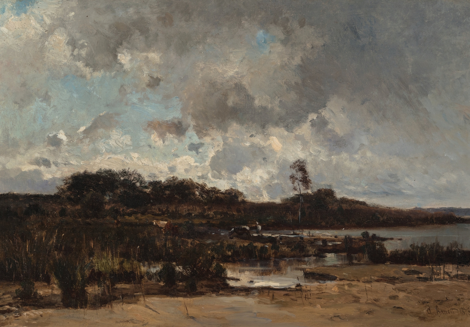 Landscape with a shimmering pond by Jean Amédée Baudit, oil painting