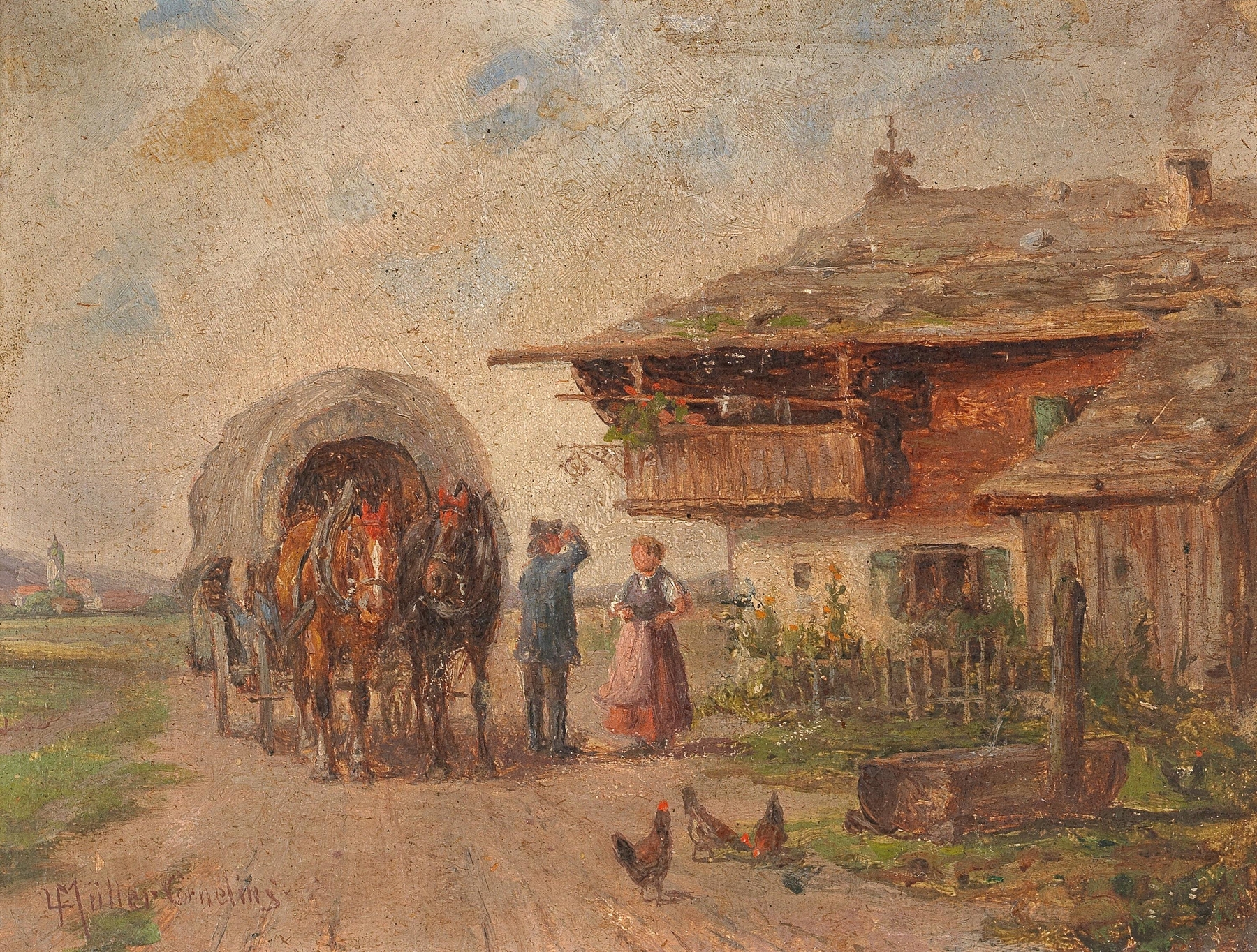 Realism artwork by Ludwig Müller-Cornelius depicting a horsecart in a rural landscape