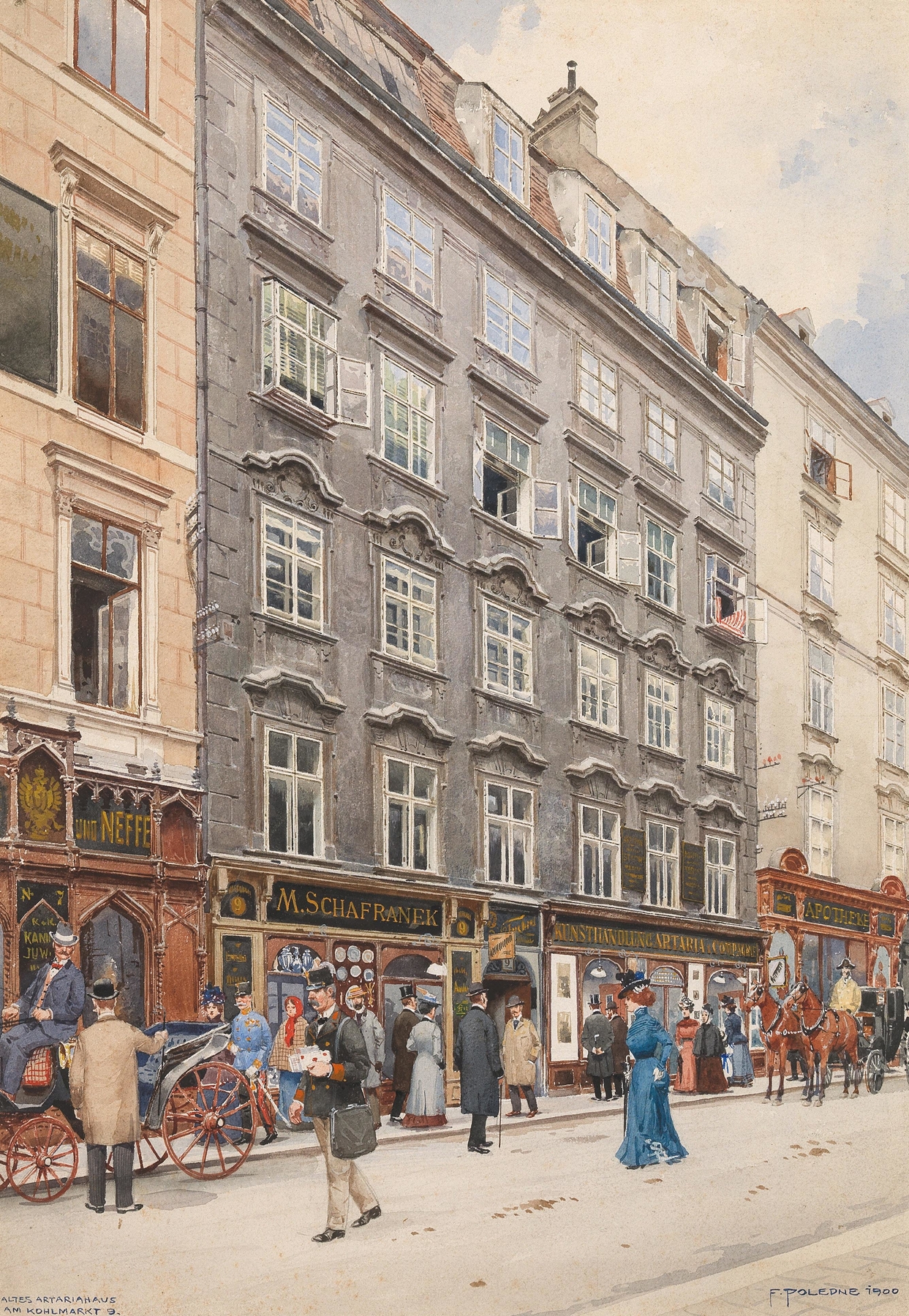 Genre scene depicting carriages and shoppers in Vienna by Franz Poledne, 1900