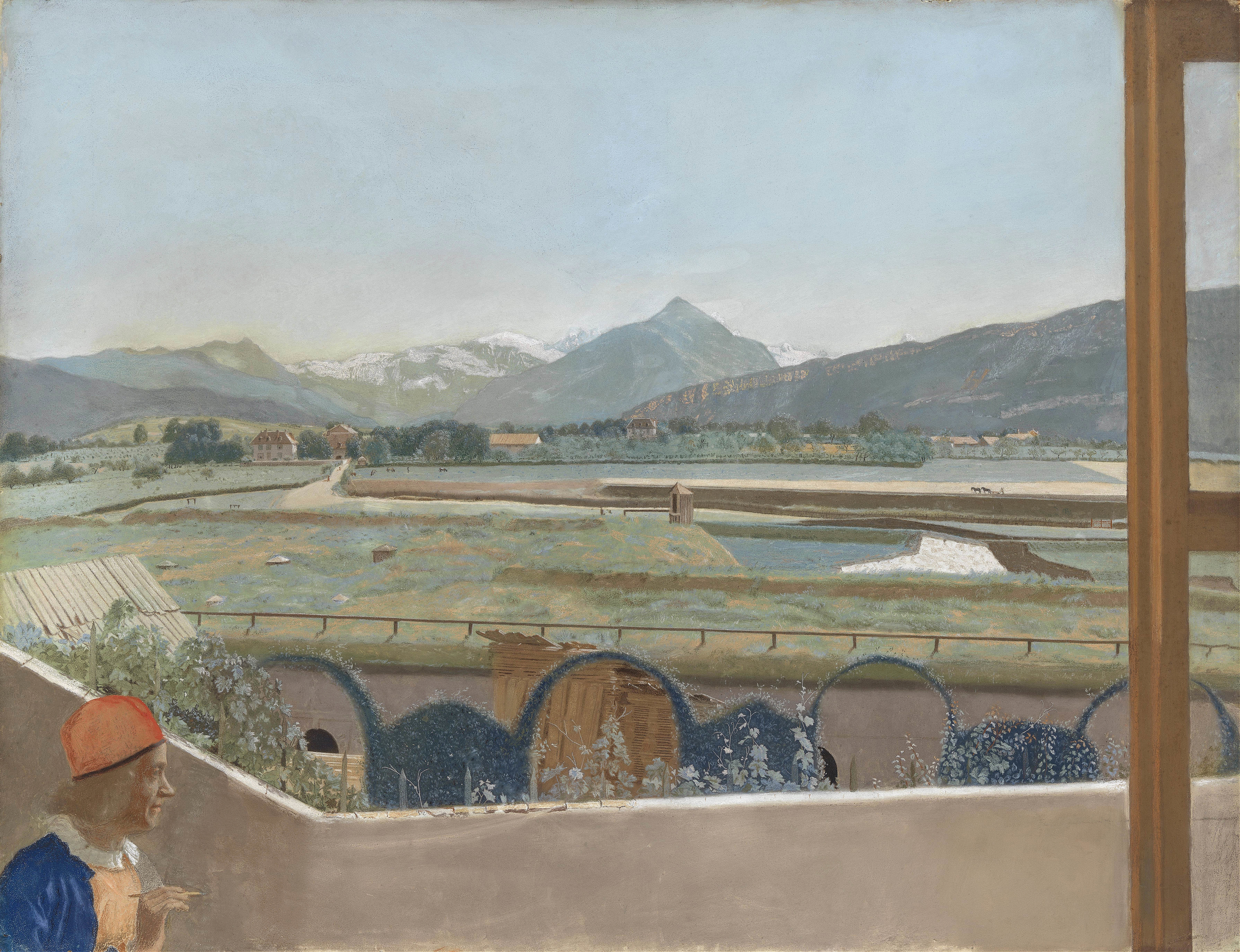 View toward the Mont Blanc Massif from the Artist’s Studio at Geneva, with a Self-portrait, by Jean-Etienne Liotard, public domain