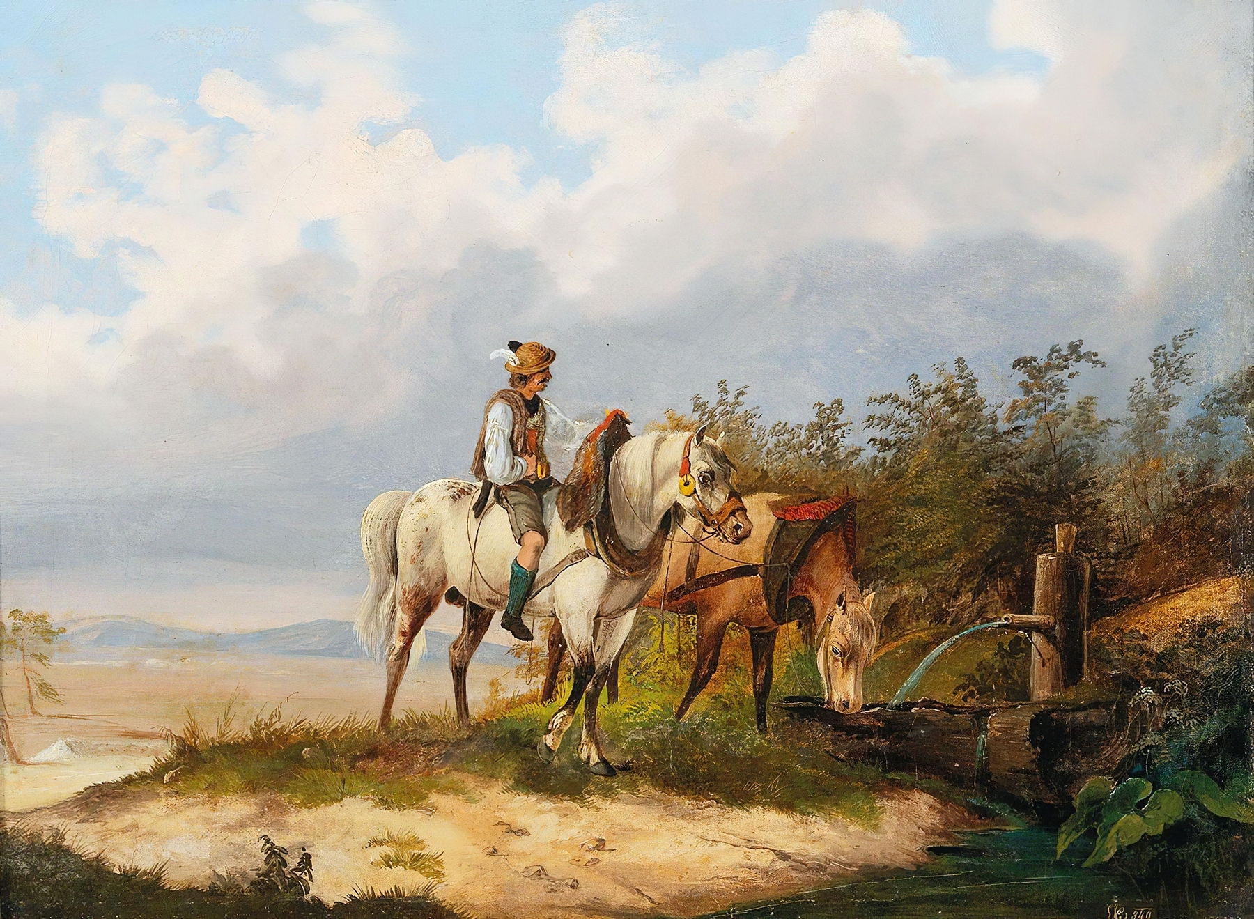 Reiter Mit Pferden Bei Der Tränke by Alois Bach, oil on canvas, depicting riders and horses near water