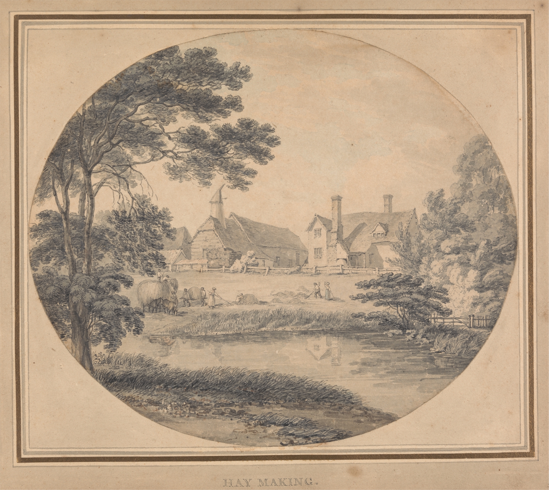 Haymaking by Thomas Hearne, depicting laborers in a hayfield, oil painting