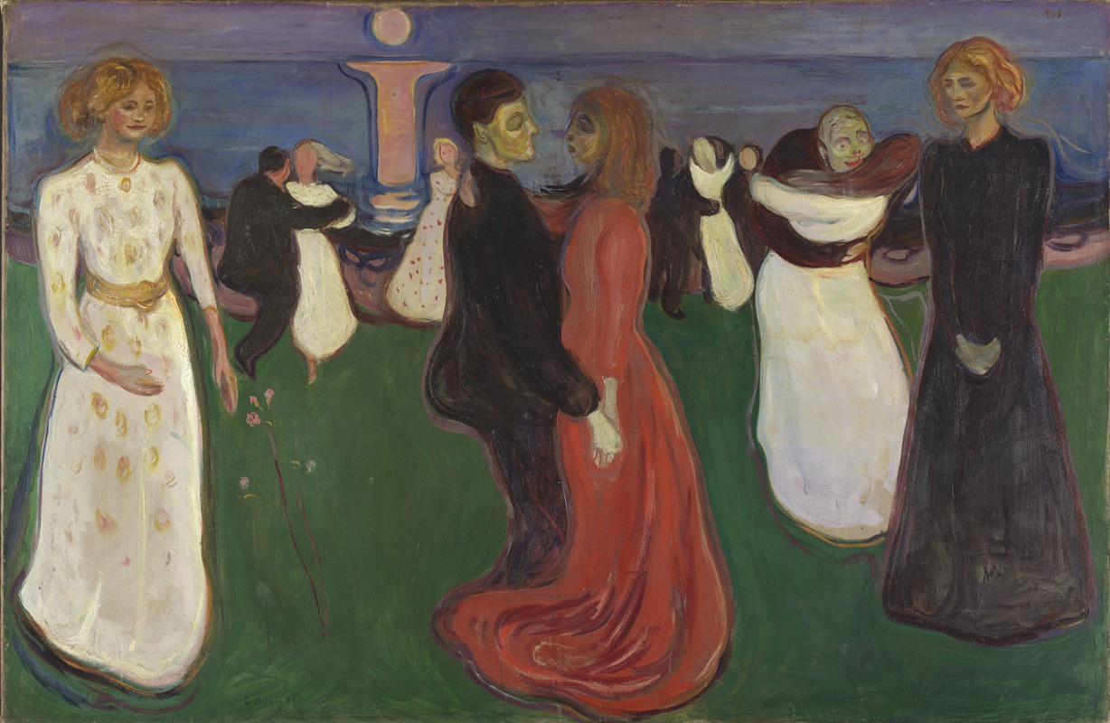 Edvard Munch's 'The Dance of Life' explores themes of love and mortality through vivid colors and dynamic figures.