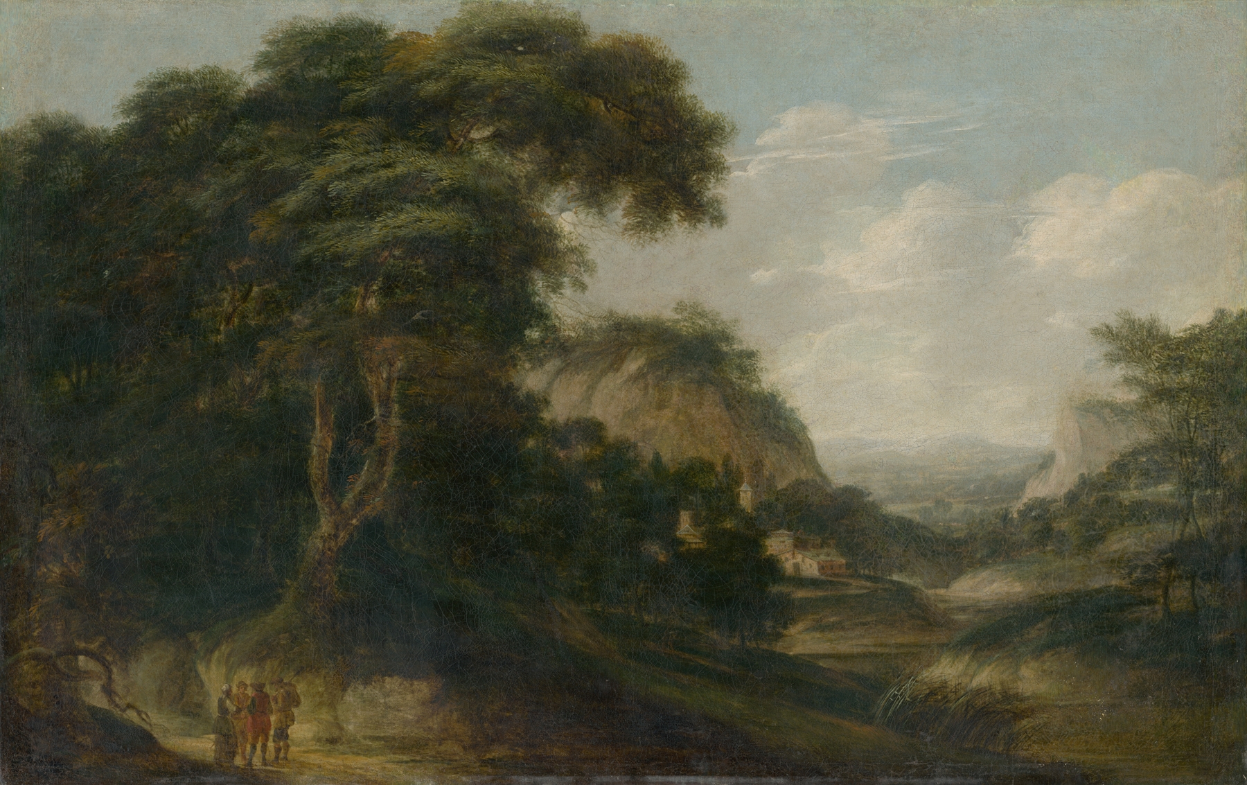 Landscape with Figural Staffage by Franz Joachim Beich, oil on canvas depicting hills and figures under a blue sky.