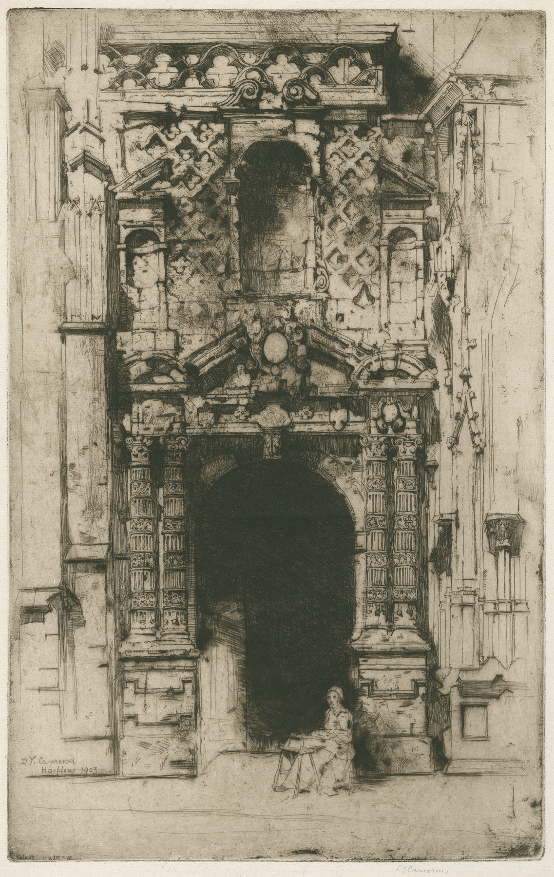 Harfleur etching by David Young Cameron depicting a tranquil landscape with a distant village