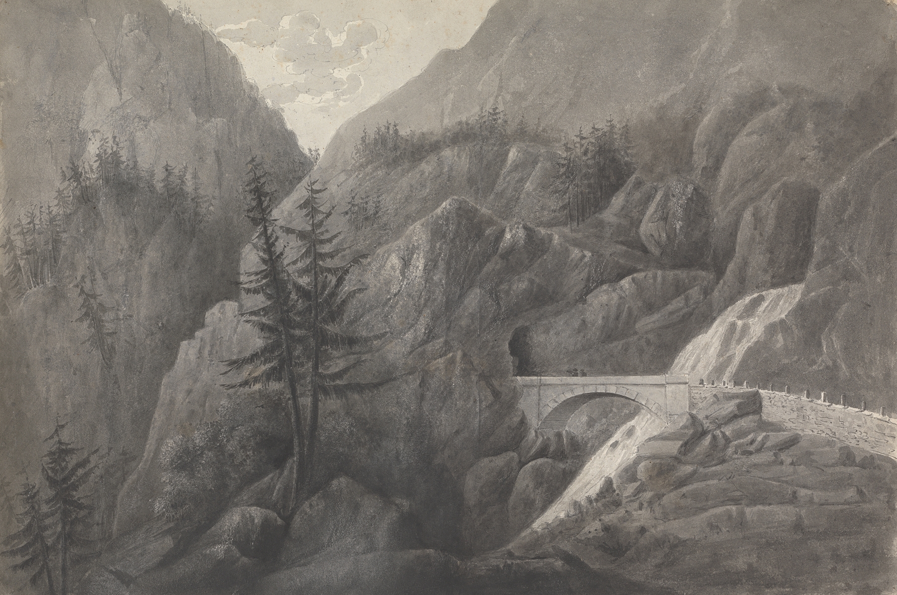 Watercolour by Isaac Weld depicting a serene landscape with mountains and trees.