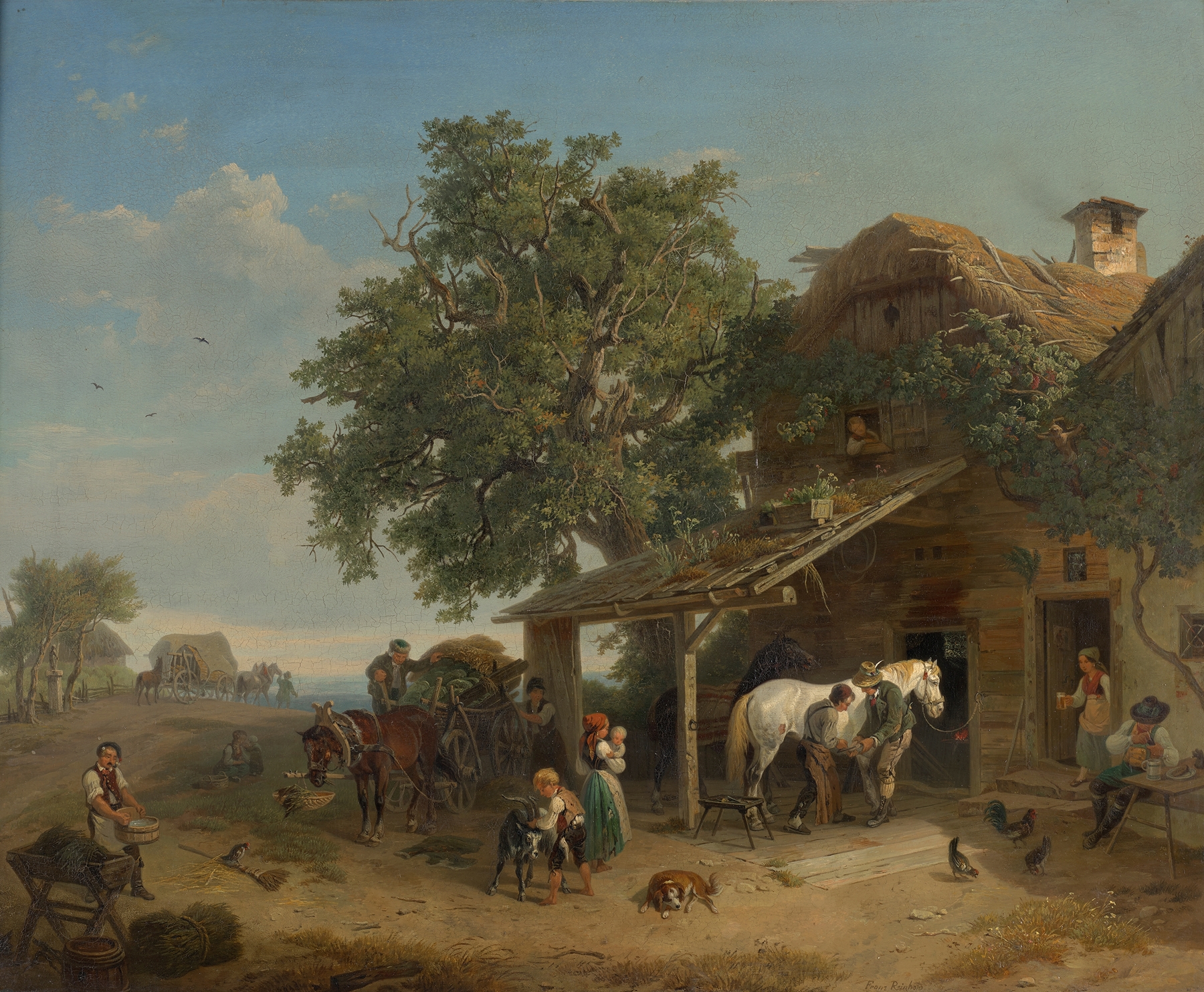 Genre scene depicting a blacksmith at work in a forge, oil painting by Franz Reinhold