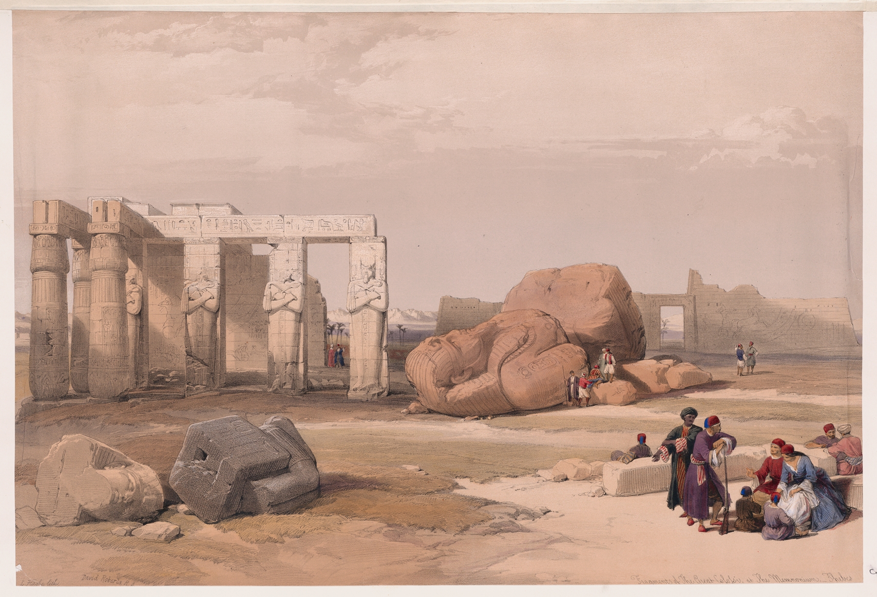 Fragment of the Great Colossi at the Memnonium by David Roberts, oil painting depicting ancient ruins.