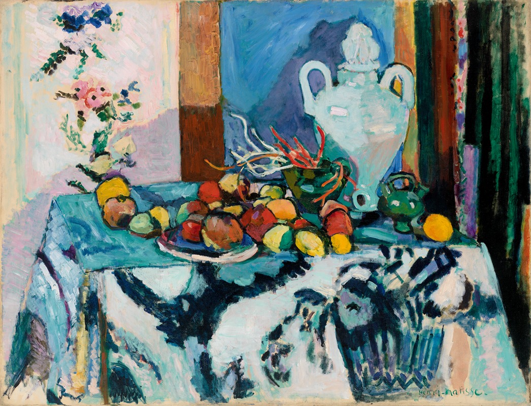 A vibrant still life painting featuring blue tones and abstract shapes.