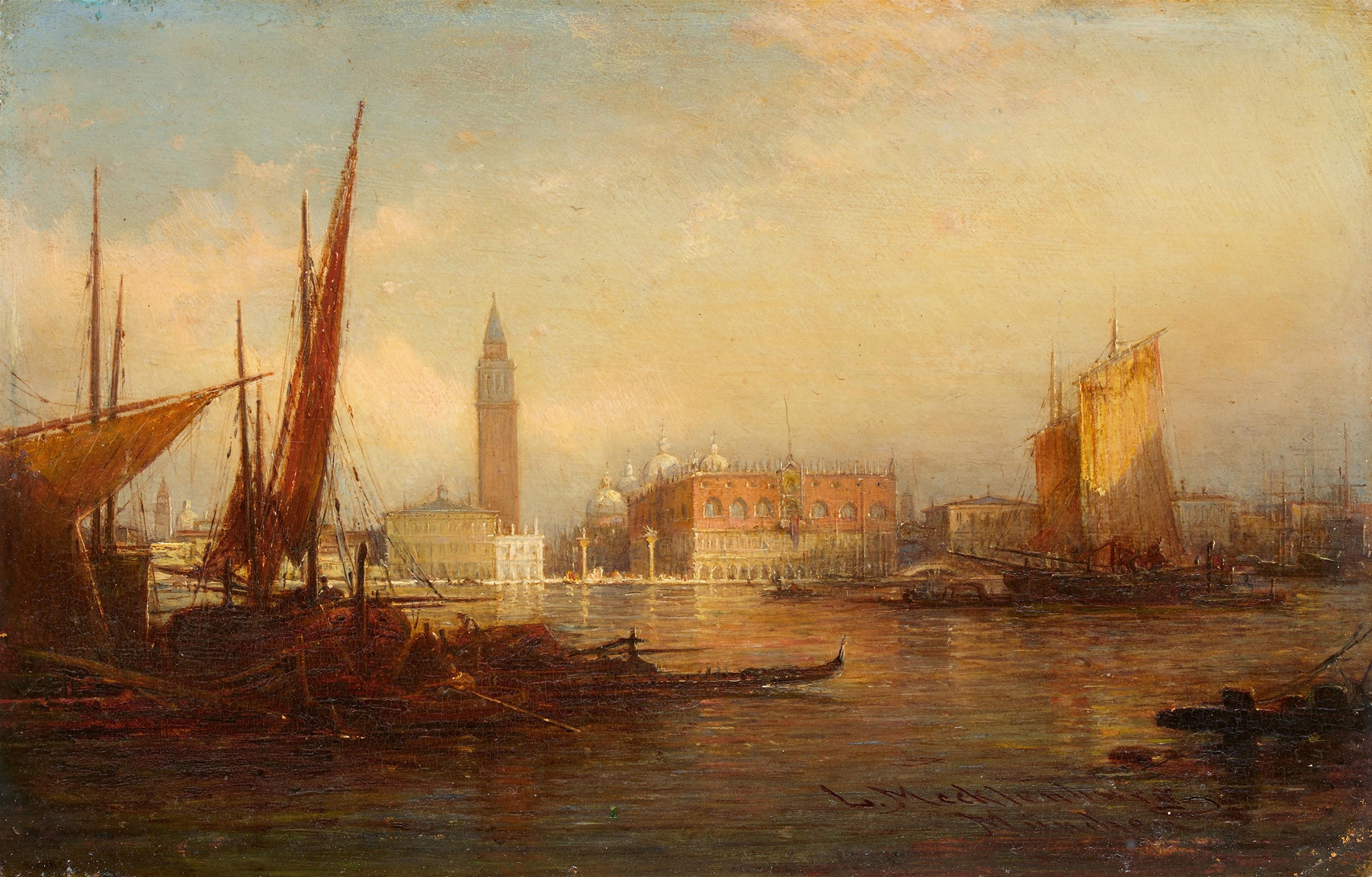 Romanticism landscape by Ludwig Mecklenburg depicting Venice with Doge's Palace and Campanile, oil painting.