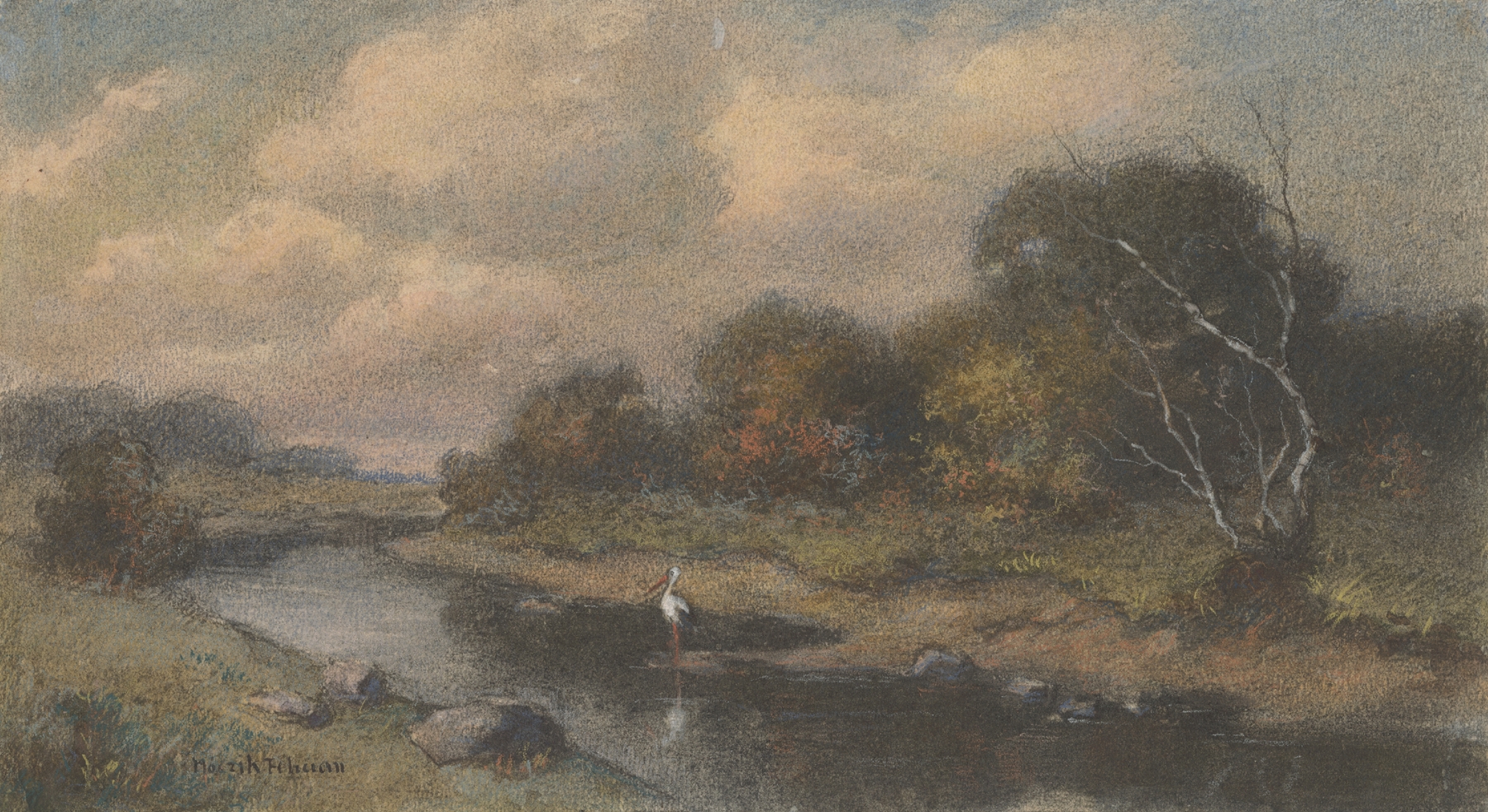 Landscape with a Stork, oil on canvas by Felicián Moczik, featuring a stork in a desolate landscape.