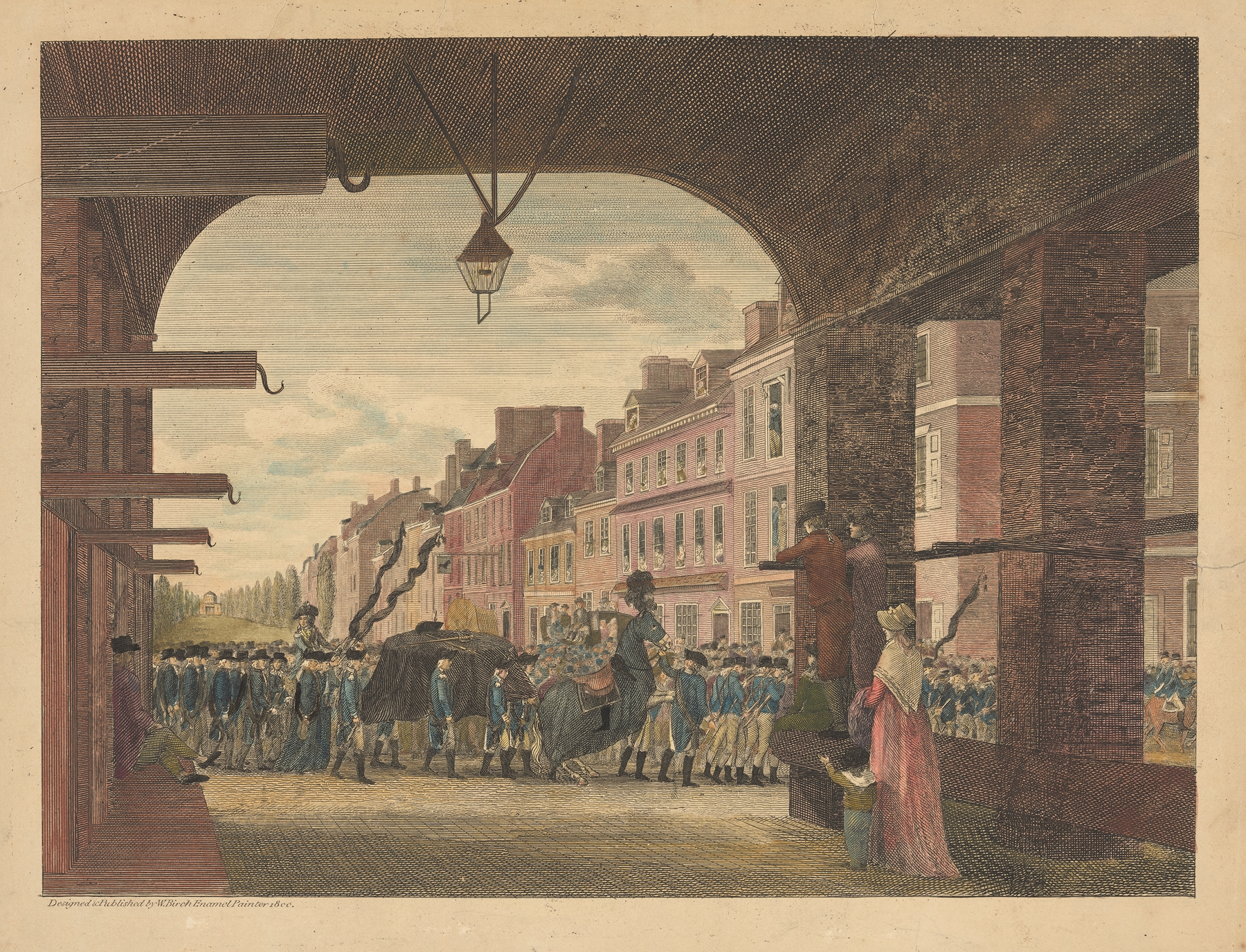 High Street, from the country market-place, Philadelphia; with the procession in commemeration of the death of General George Washington, December 26th 1799, by William Russell Birch, public domain