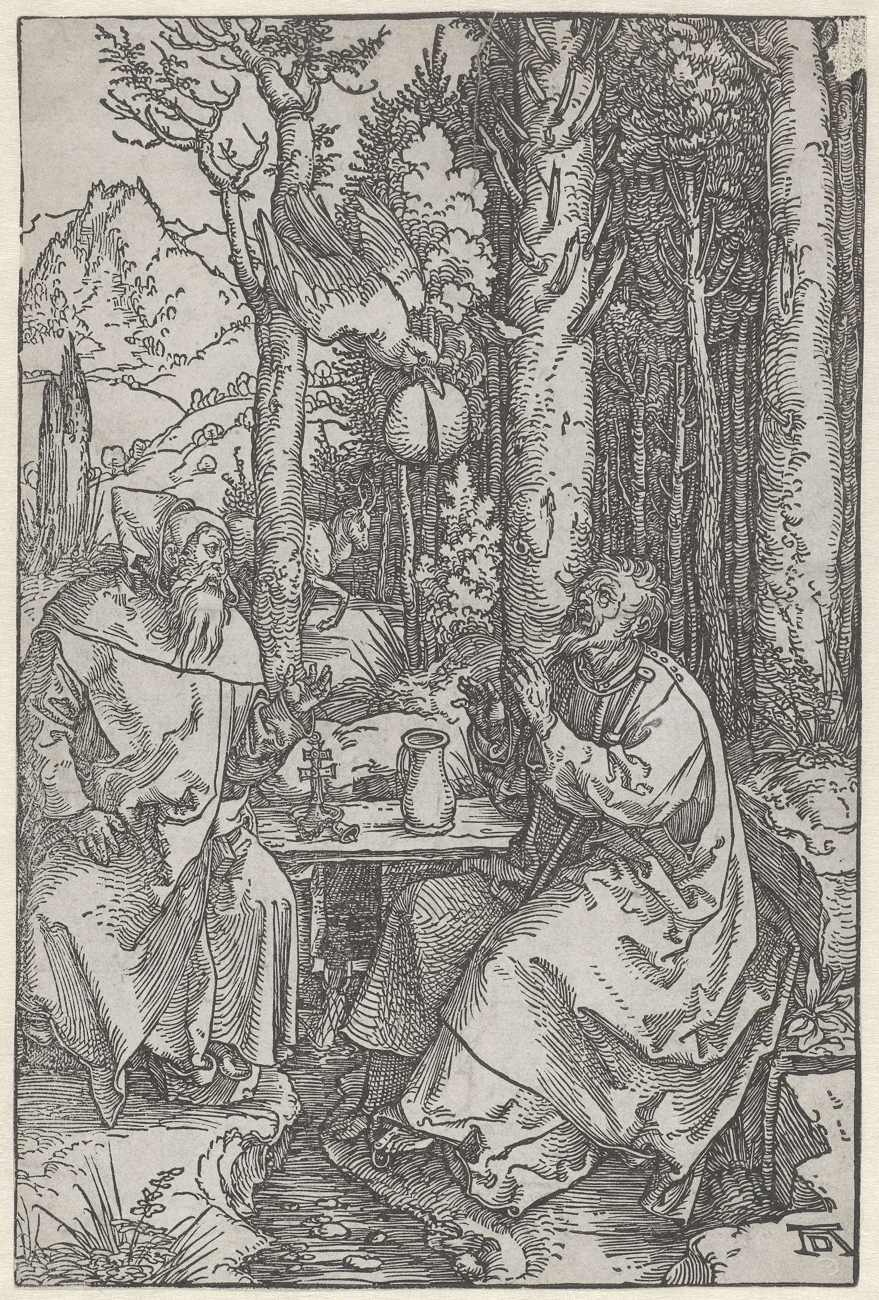 De Heilige Antonius bezoekt Paulus de Kluizenaar in de wildernis, etching by Albrecht Dürer