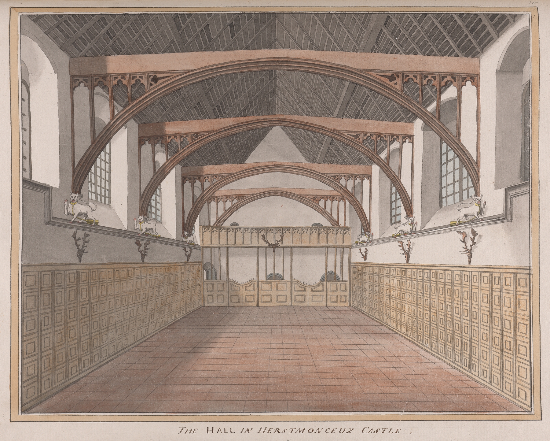 Interior view of Herstmonceux Castle hall, oil on canvas by James Lambert