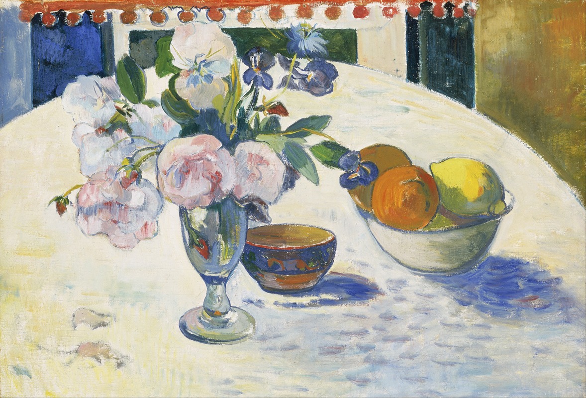 A still life painting featuring flowers and fruit on a table.