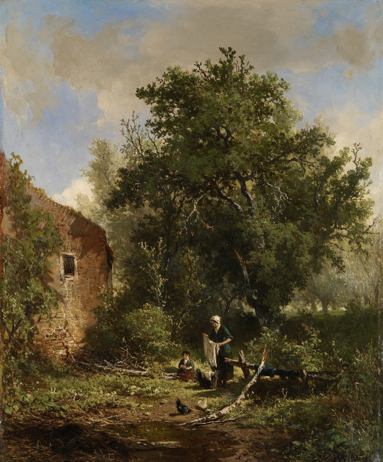 Landscape depicting a farmhouse surrounded by greenery, oil painting by Johannes Wernardus Bilders