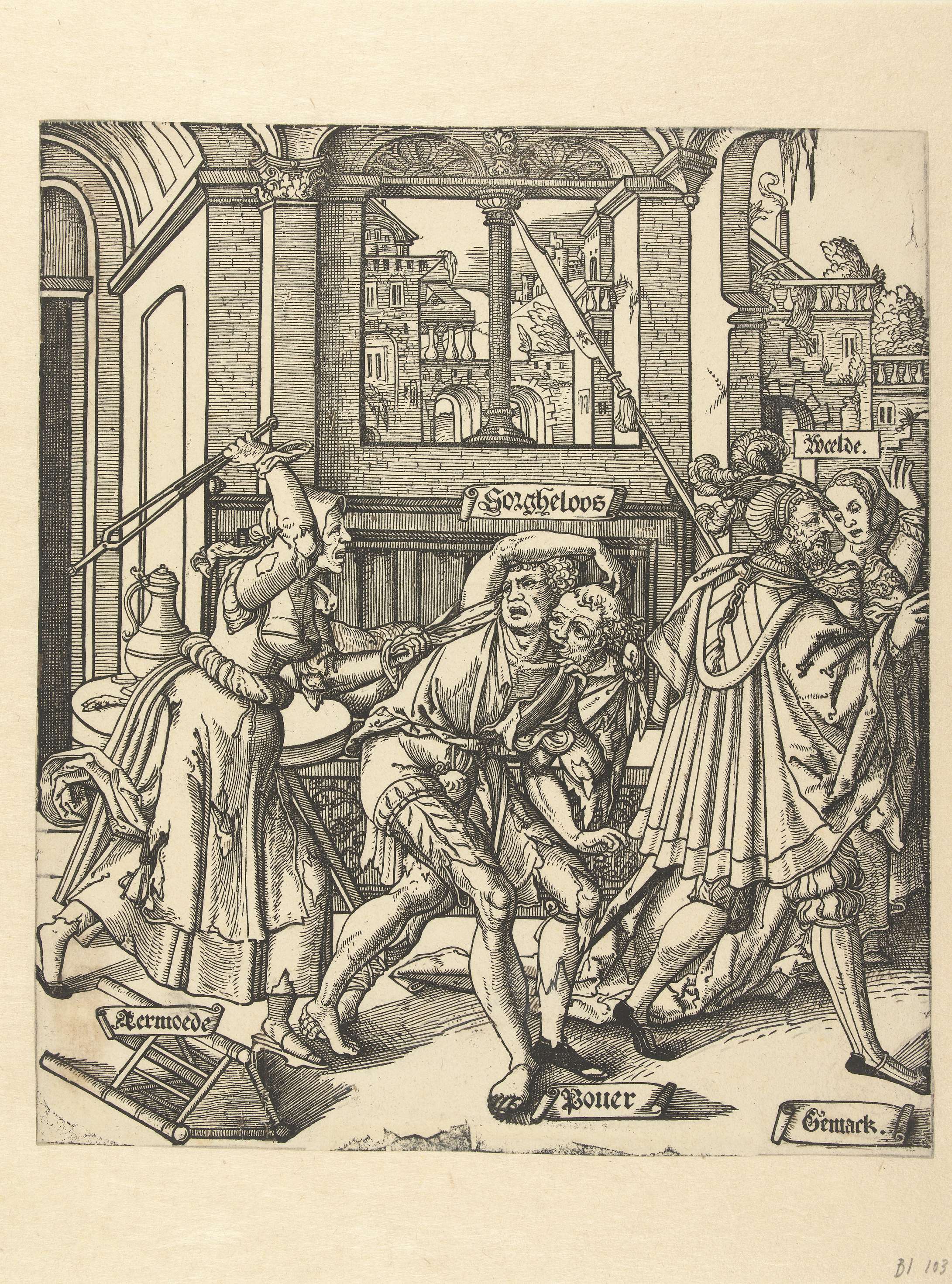 De verdrijving van Sorgheloos by Cornelis Anthonisz, paper, depicts figures in turmoil and determination.