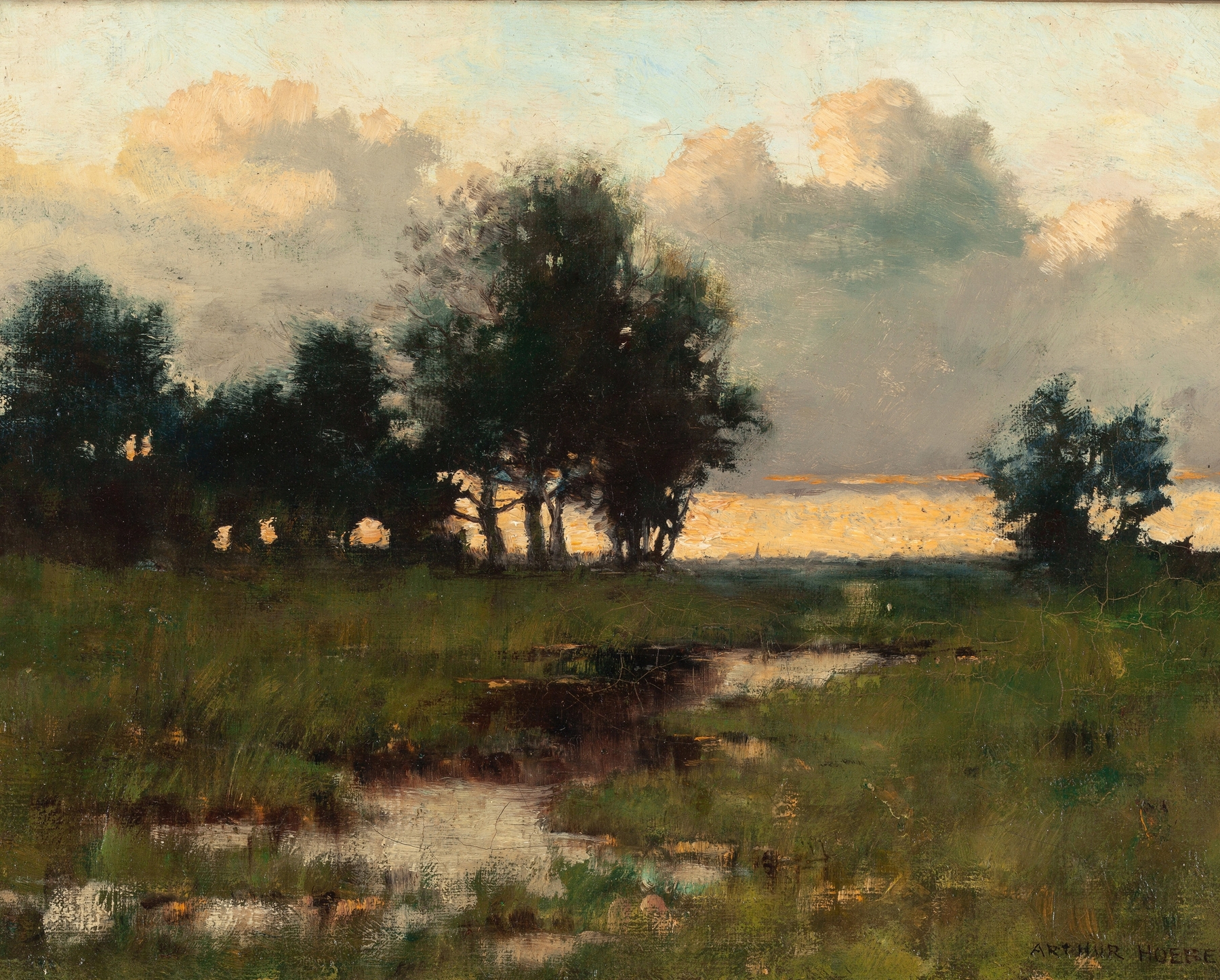 Twilight landscape by Arthur Hoeber, oil painting featuring deep blues and tranquil purples.