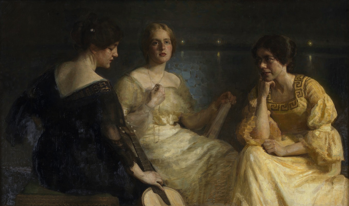 This painting features three young women, highlighting their individuality and expressions.