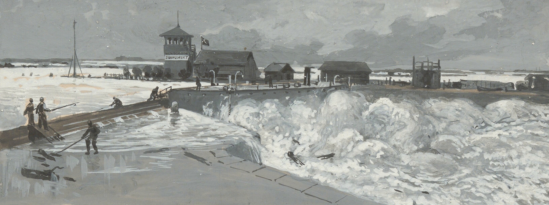 Hochwasser beim Sperrschiff in Nußdorf, oil on canvas by Moritz Ledeli depicting a flood in a village landscape