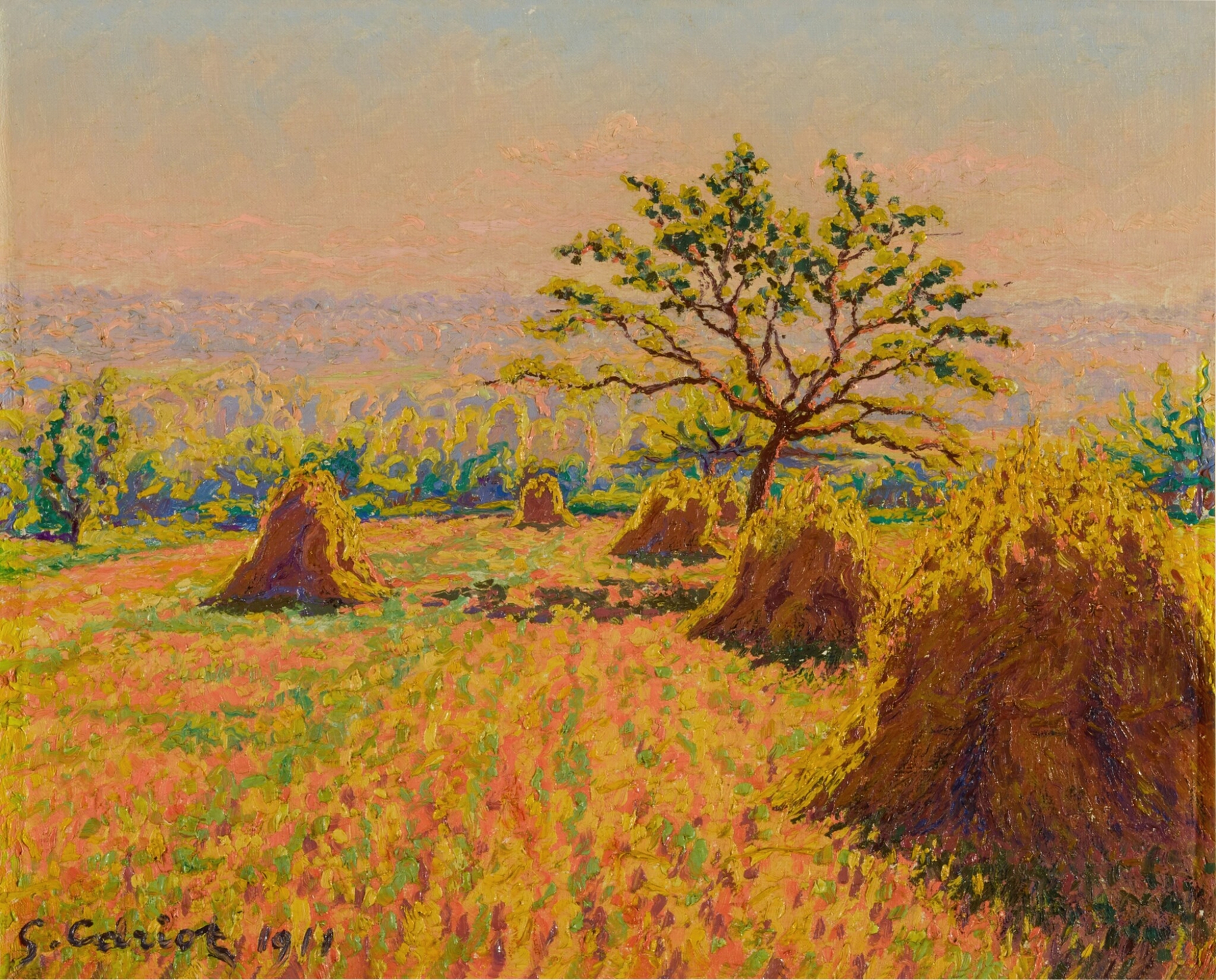 Landscape with golden wheat stacks, oil on canvas by Gustave Cariot