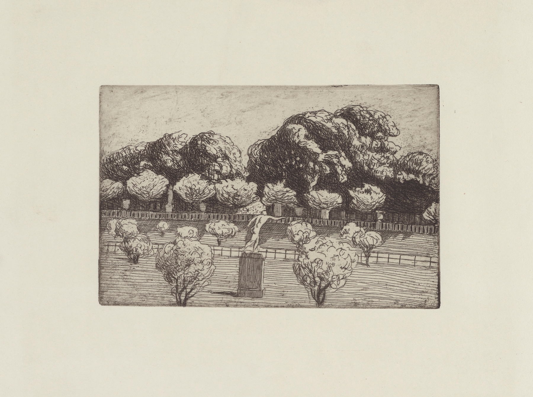 Colonnade du Luxembourg by Félix Vallotton, oil painting showing sunlight and shadows on cobblestones.