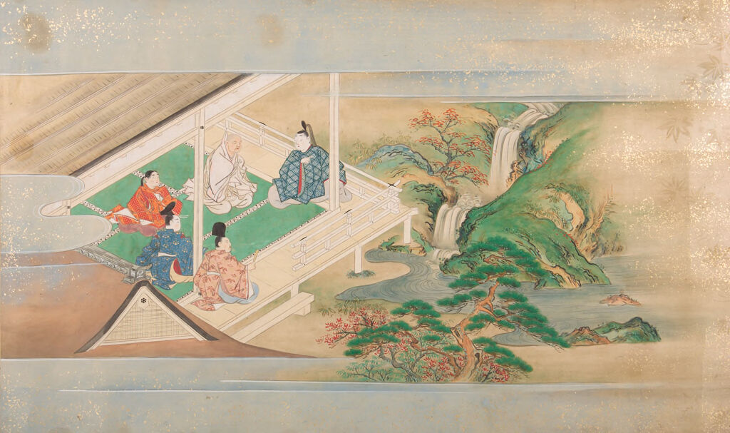 Illustration on paper by Karasumaru Mitsuhiro depicting figures from the Illustrated Tales of Ise.