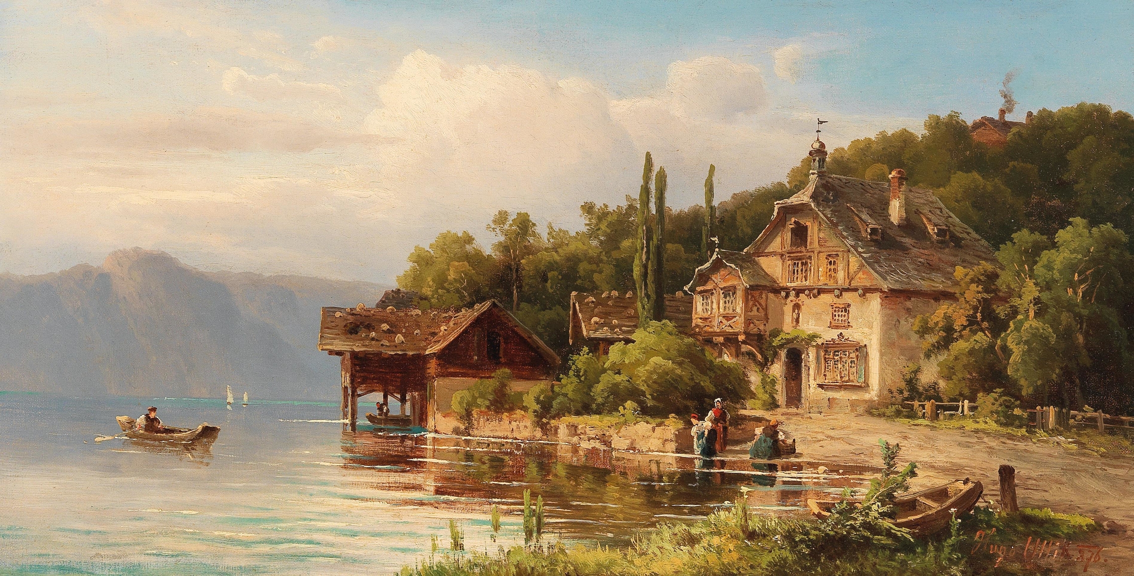 Washerwomen on the lake shore, oil on canvas by Anton Hugo Ullik