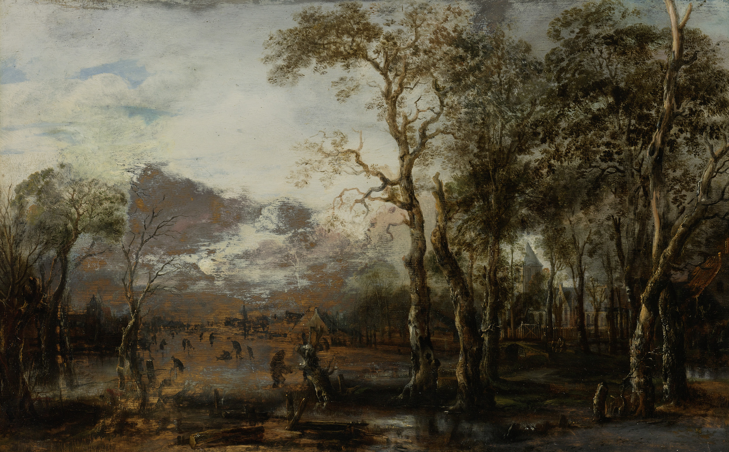 Wooded landscape with hunter, oil on panel by Aert van der Neer
