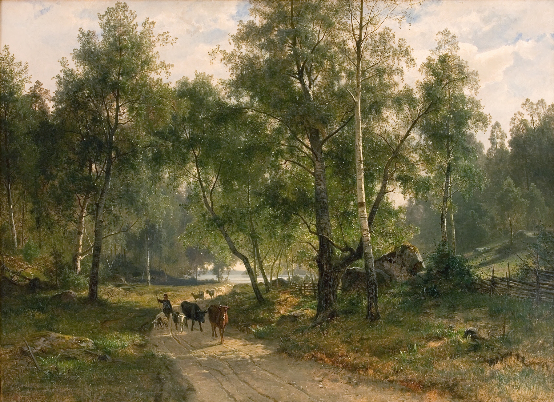 Beneath the Birches, oil painting by Edvard Bergh, featuring birch trees and a serene landscape.