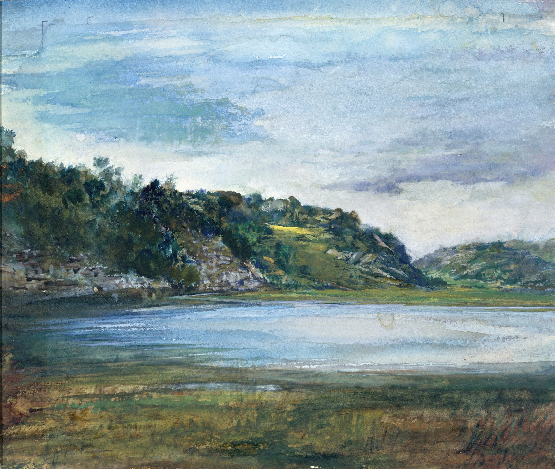Oil painting by John La Farge depicting a lush landscape with sunlight filtering through foliage.