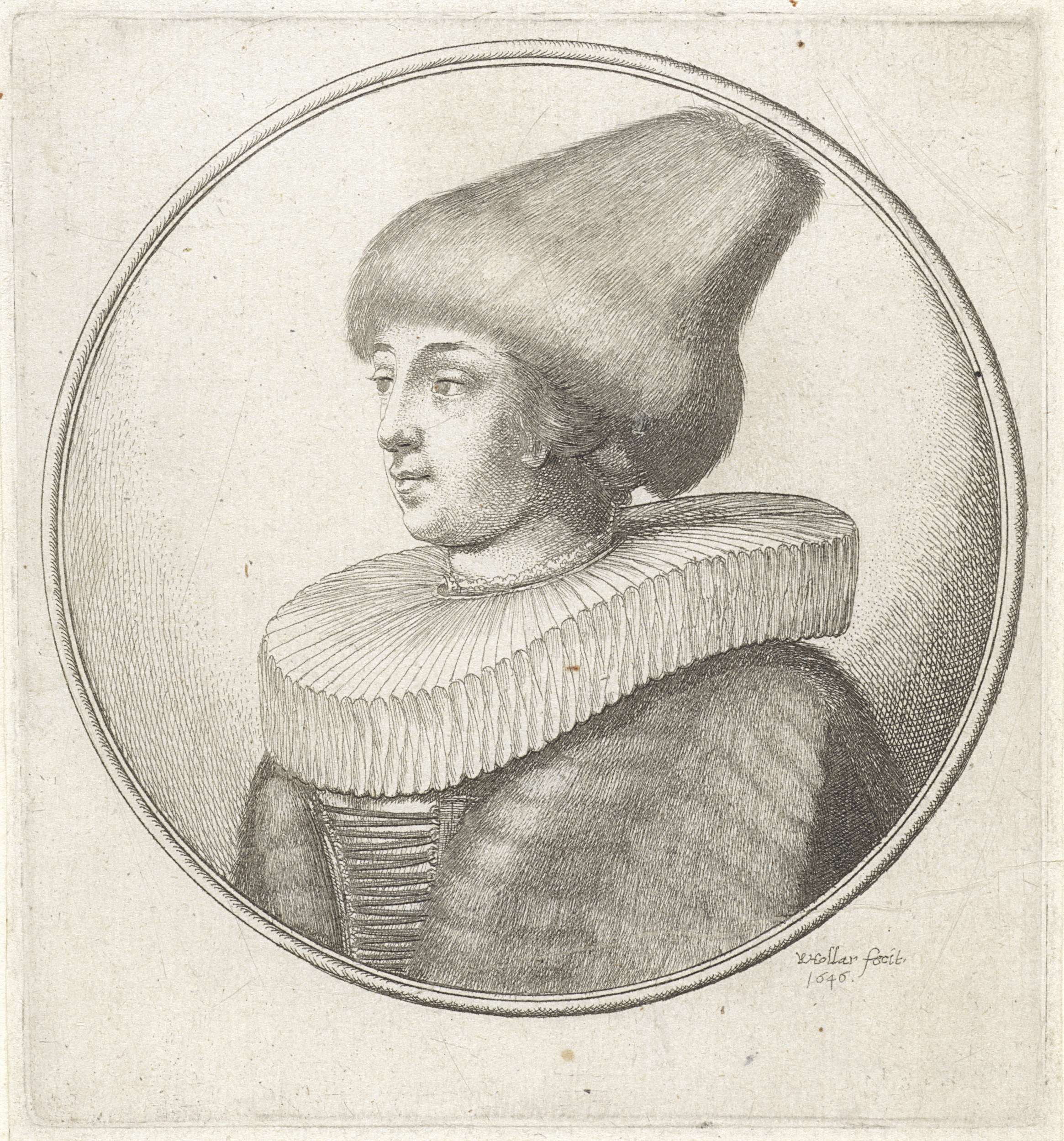 Portrait of a woman with a pleated collar and fur hat, etching by Wenceslaus Hollar