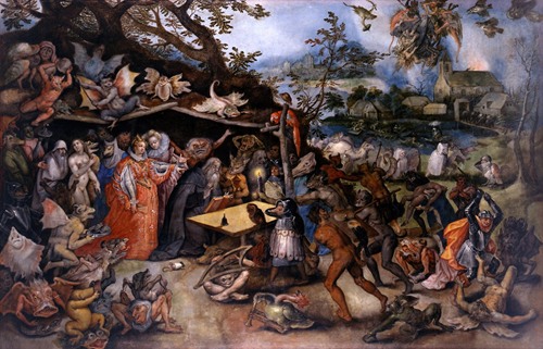 A detailed depiction of Saint Anthony resisting temptation in a surreal landscape.