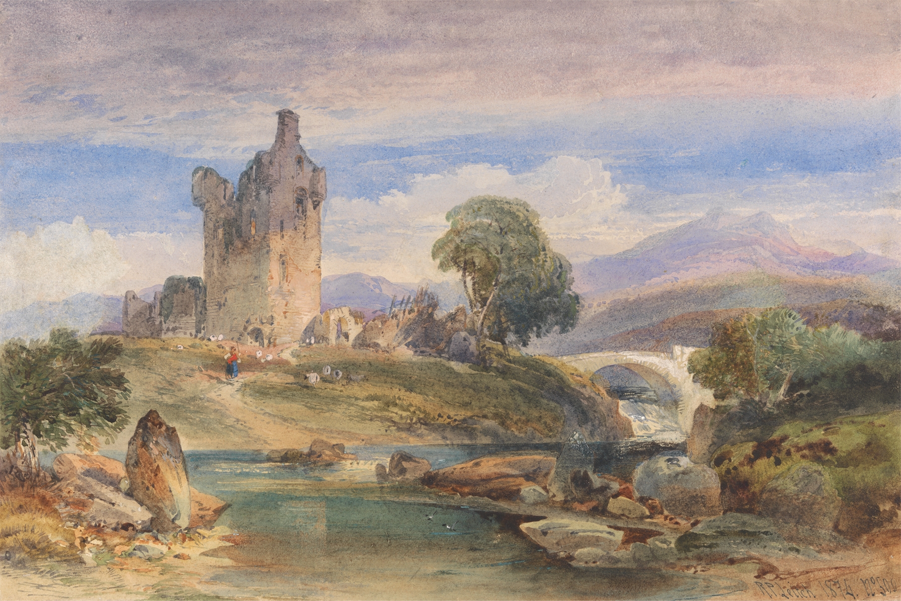 Landscape with a ruined castle on the Esk, oil on canvas by Richard Principle Leitch