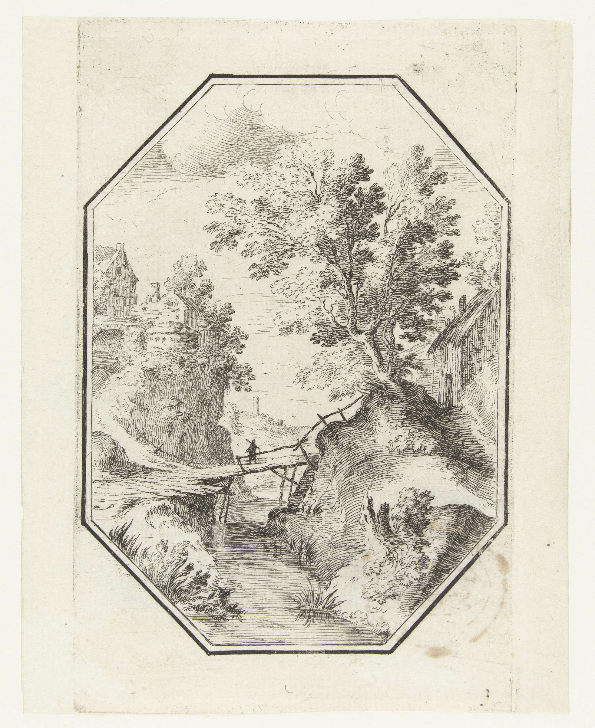 Landscape with a wooden bridge over a stream, etching by Unknown Artist
