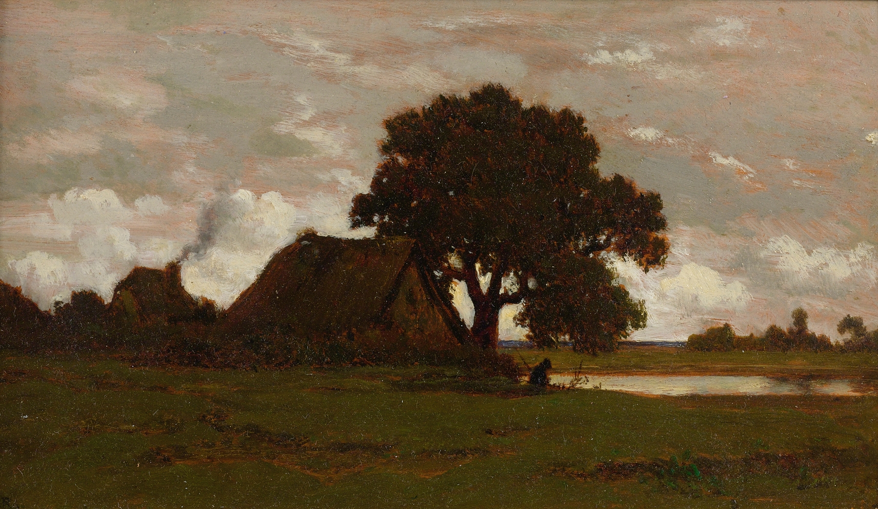 Landscape with cottages near a lake, oil on canvas by Théodore Rousseau