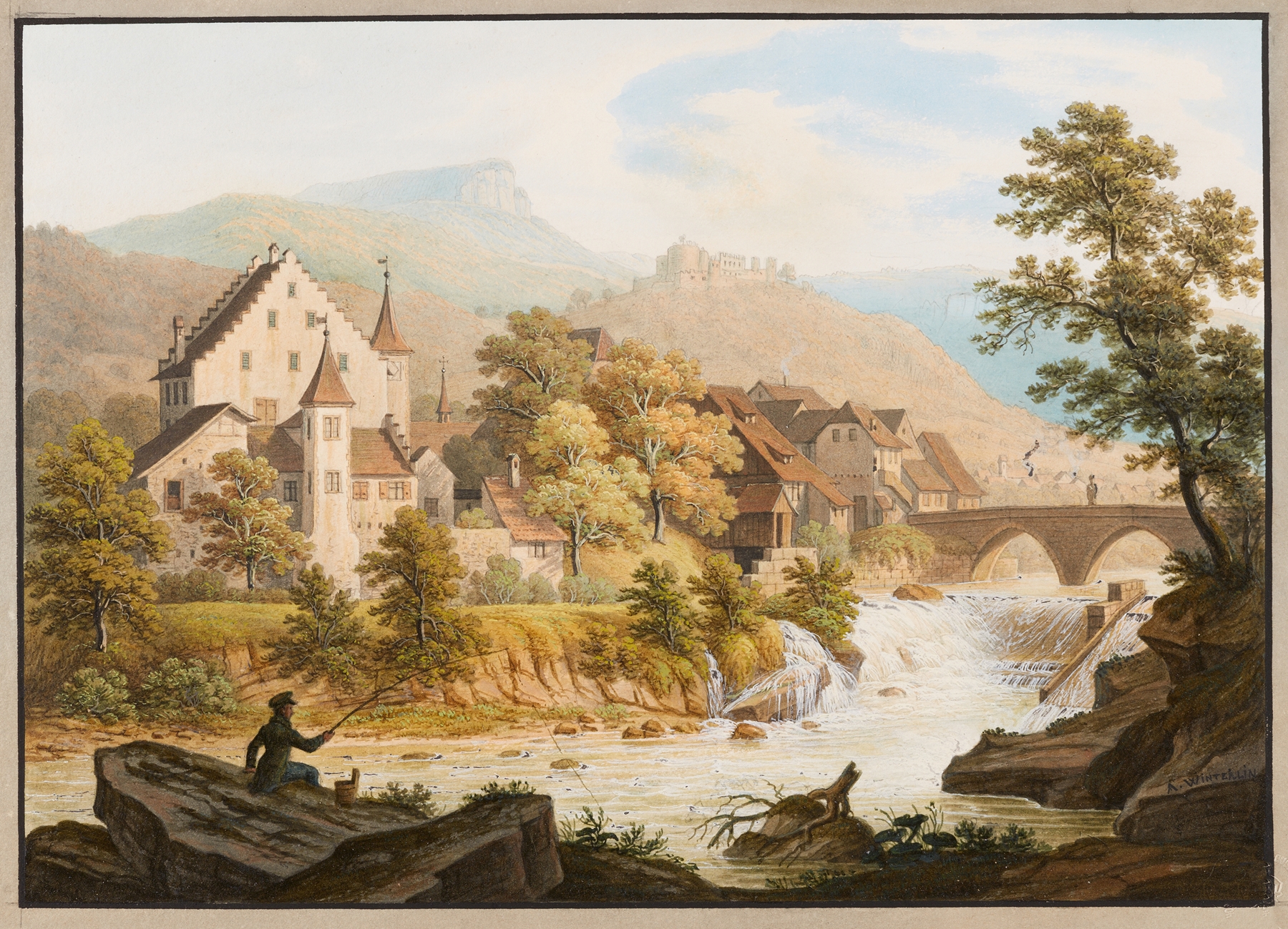 Dornachbrügg by Anton Winterlin, oil on canvas depicting a bridge over a river