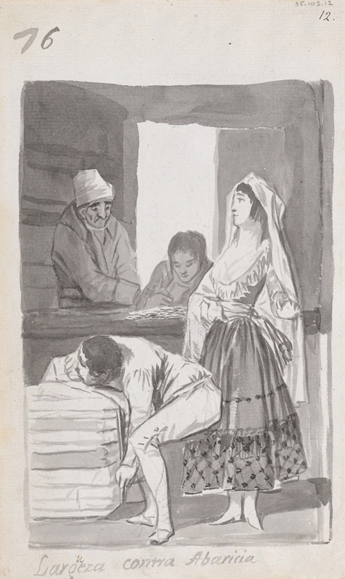 A depiction of a woman and three men engaged in a transaction inside a shop.