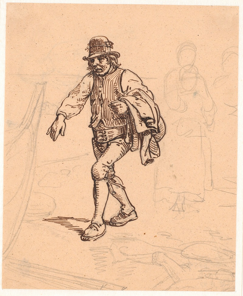 A depiction of a rural scene with figures heading towards a boat for a church service.