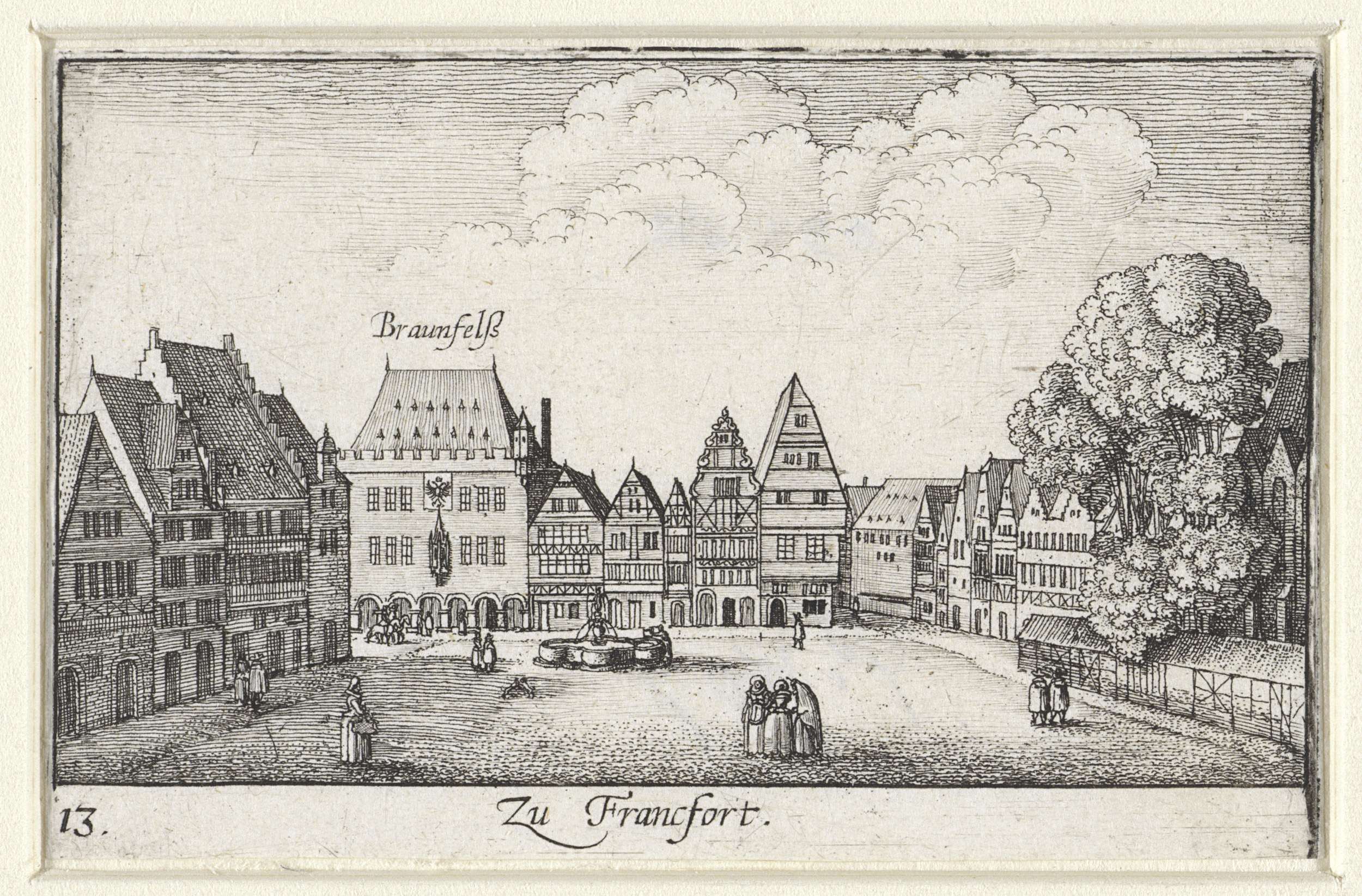 Etching by Wenceslaus Hollar depicting a bustling market scene in Frankfurt