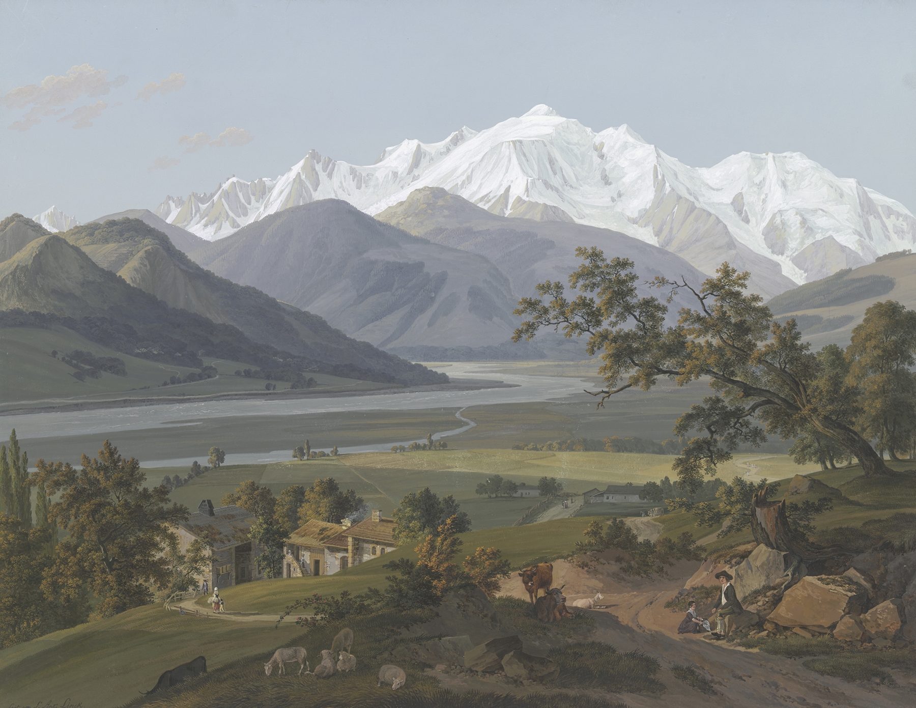 Oil painting by Jean-Antoine Linck depicting mountains and lush greenery.