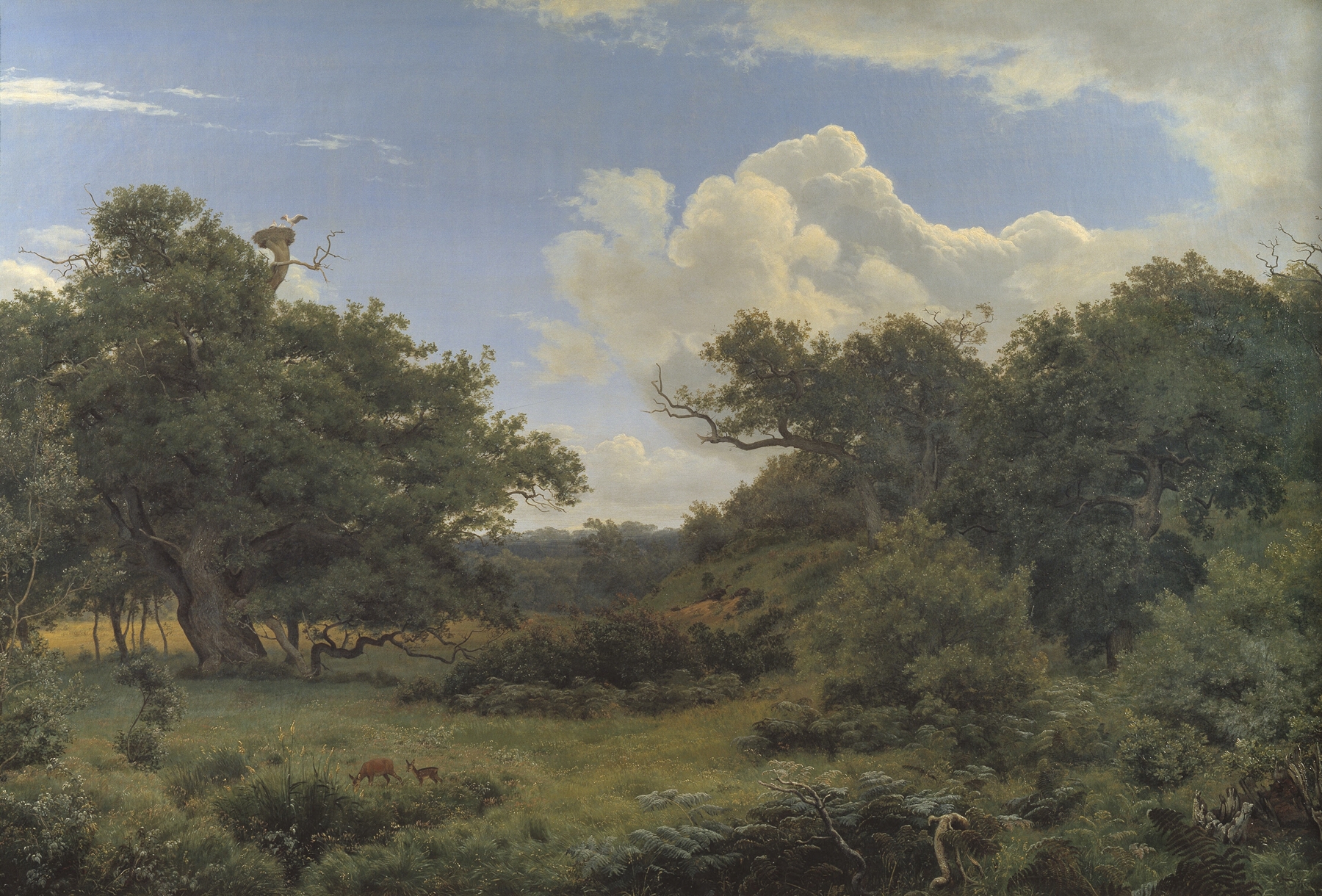 Oak Trees in Nordskoven by P. C. Skovgaard, oil on canvas depicting oak trees and soft light