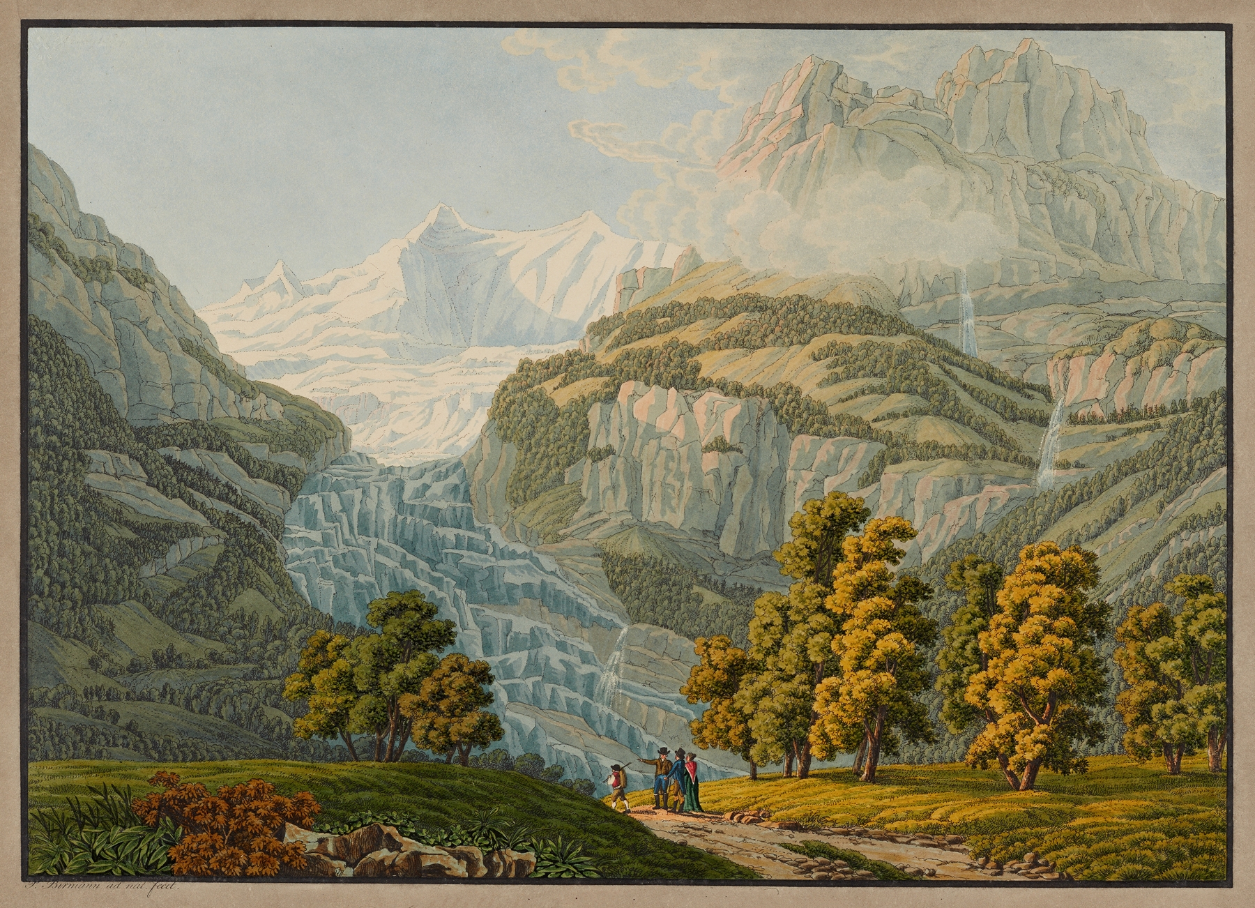 Glacier landscape by Peter Birmann, depicting ice textures and mountains.