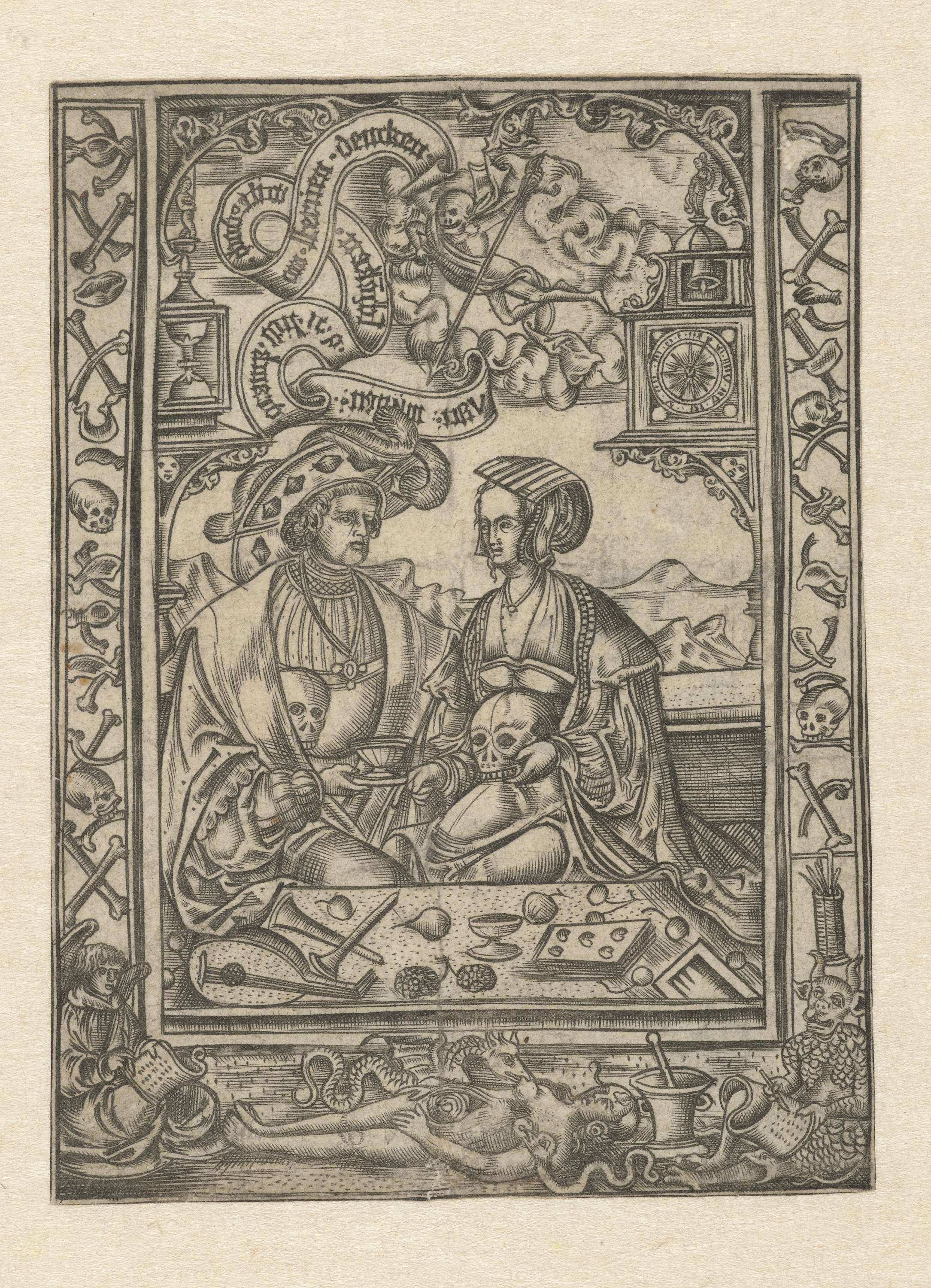 Engraving by Monogrammist XXX met L featuring a still life of fruit and flowers.