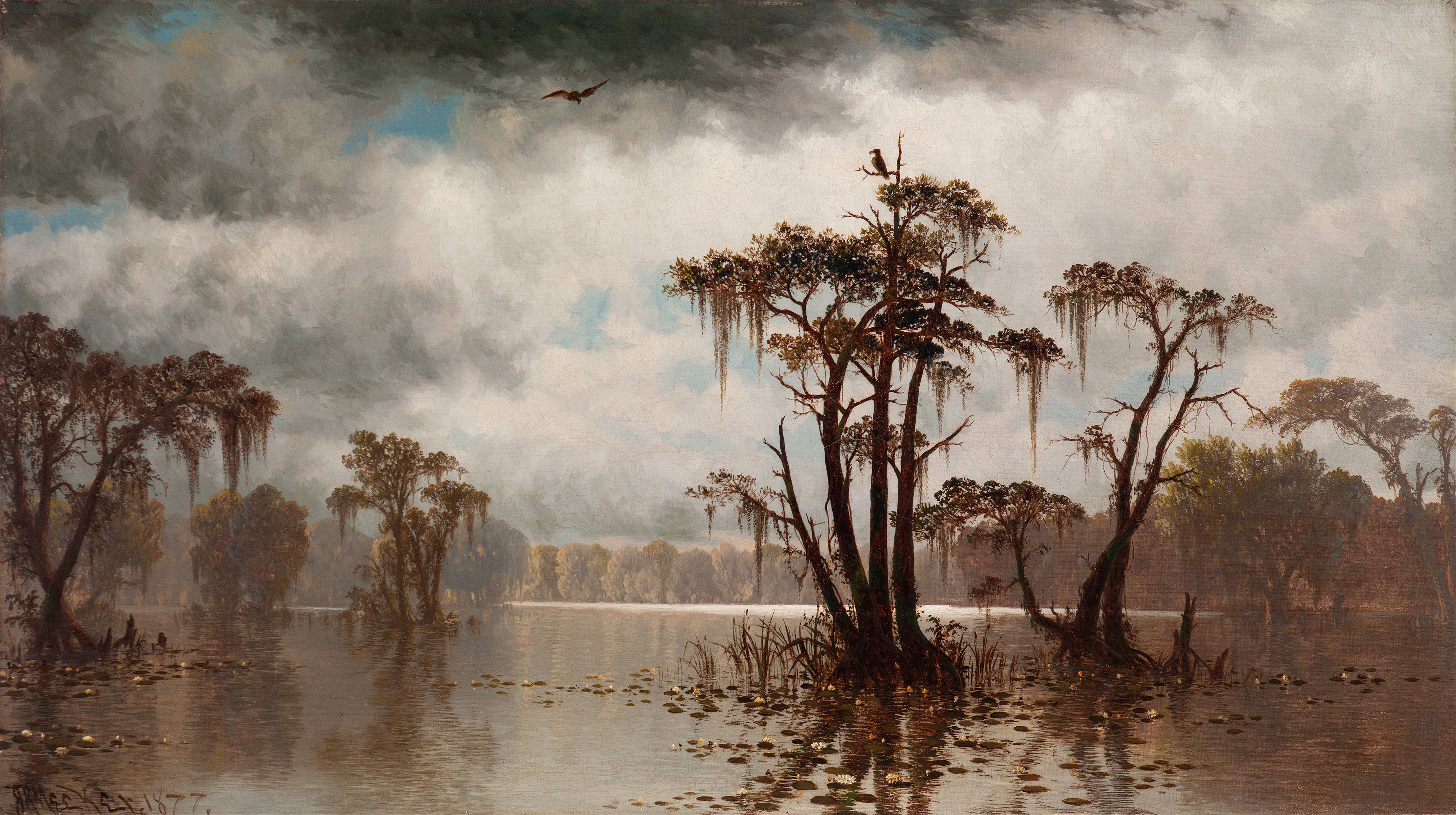 Bayou Scene by Joseph Rusling Meeker, oil on canvas depicting a tranquil bayou landscape