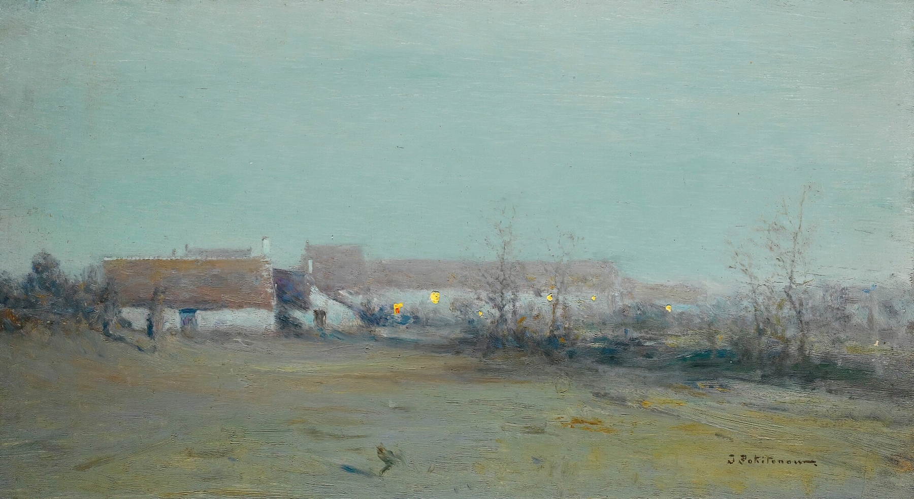 Landscape oil painting by Ivan Pavlovich Pokhitonov depicting fields at dusk with golden light.