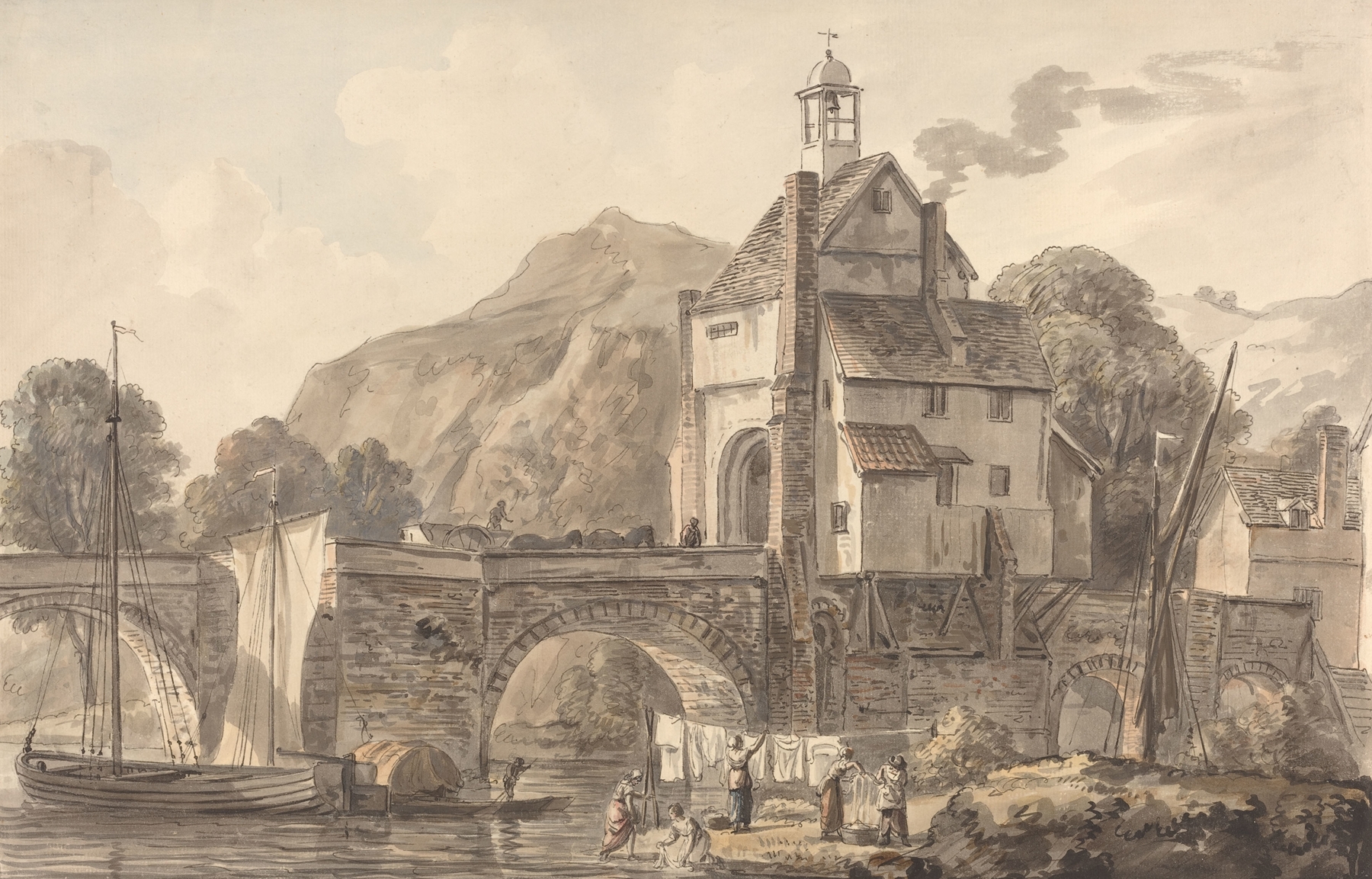 The Bridge at Bridgnorth in Shropshire, oil painting by Paul Sandby