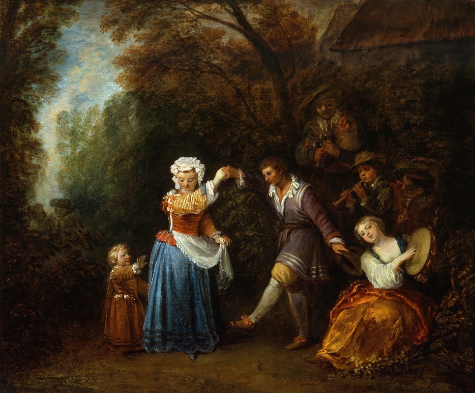 A lively depiction of a country dance scene by Jean-Antoine Watteau.