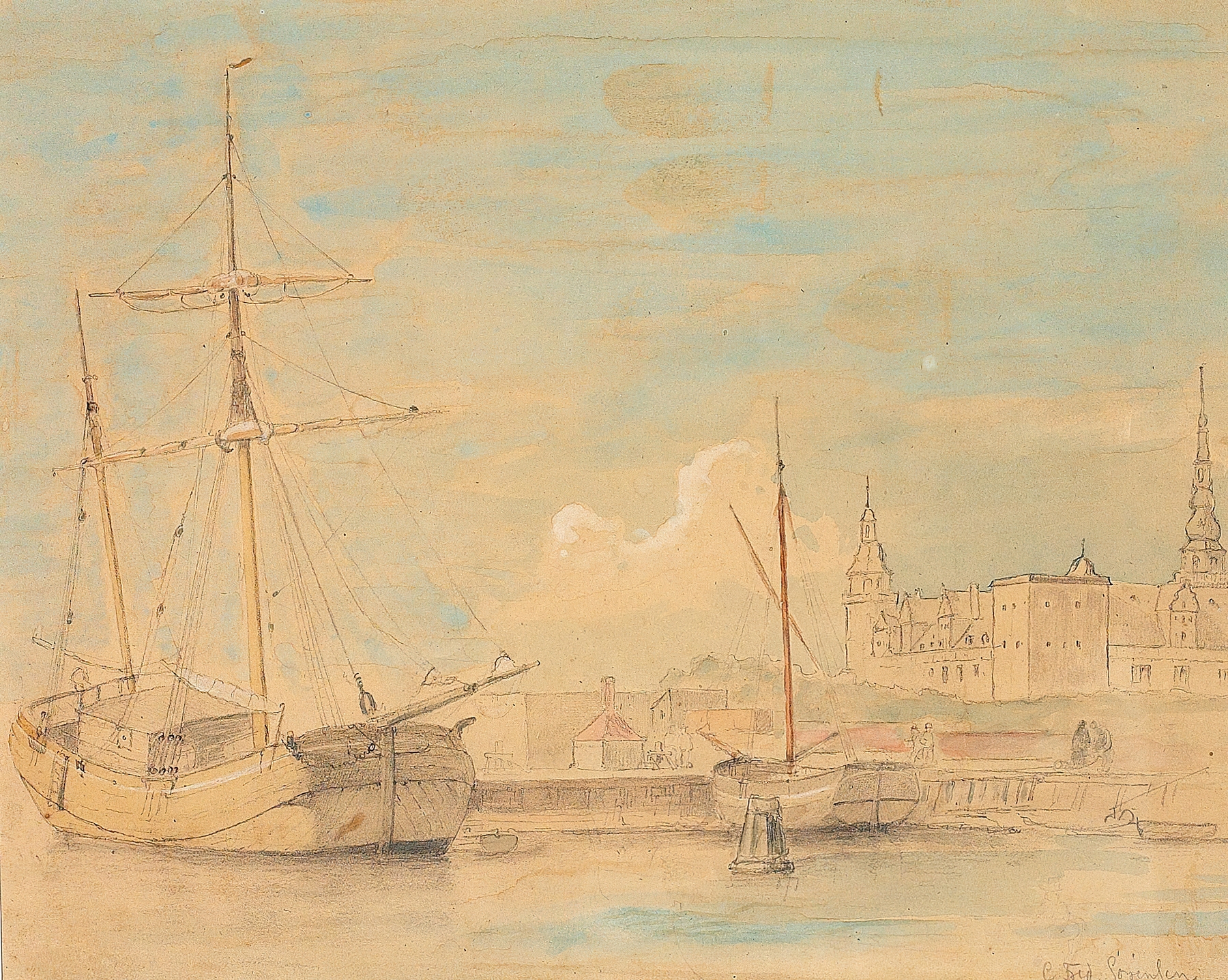 Marine scene with boats anchored near Kronborg Castle by Carl Frederik Sørensen, oil painting